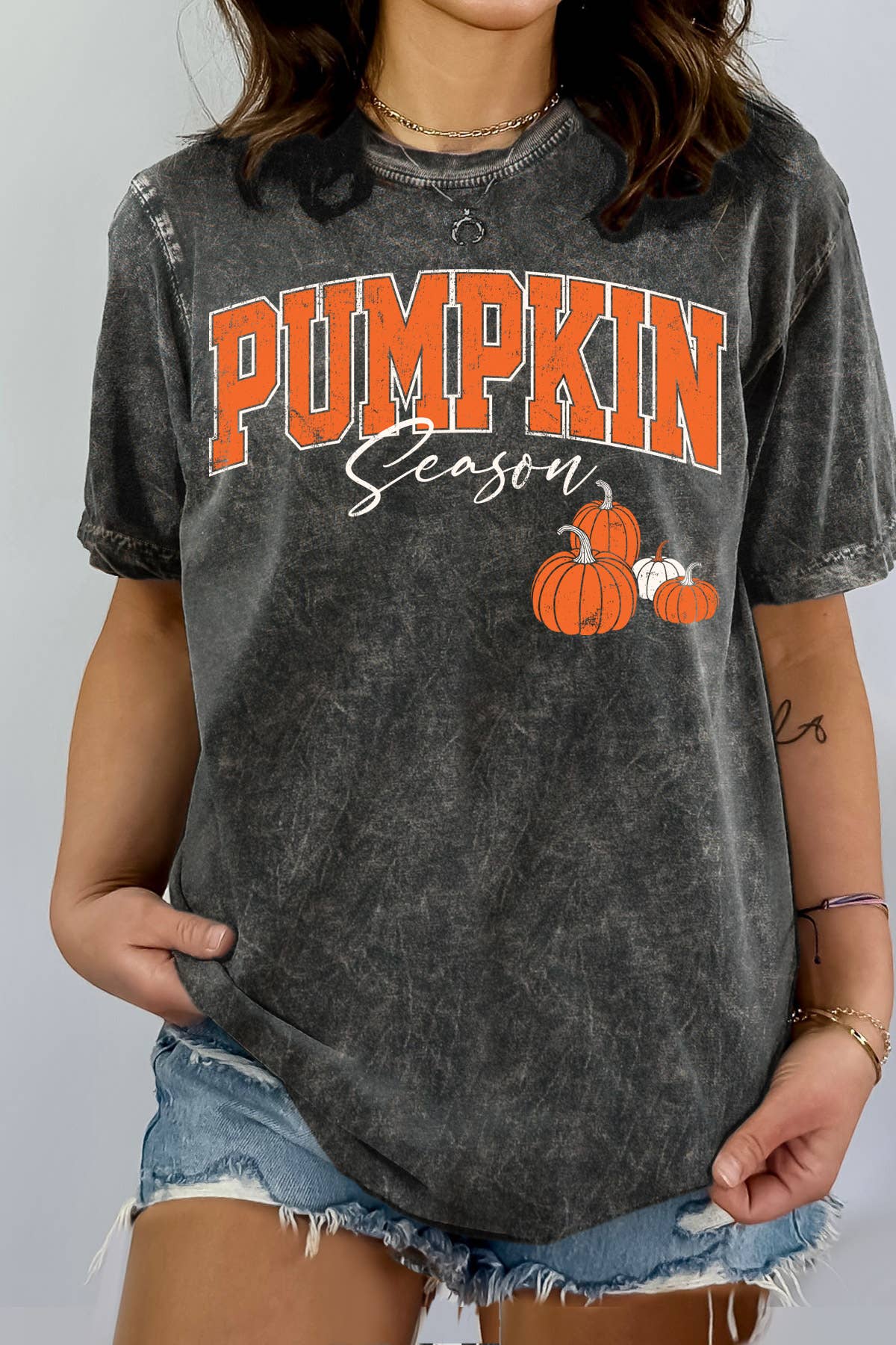 Women Pumpkin Graphic Print Mineral Wash Top