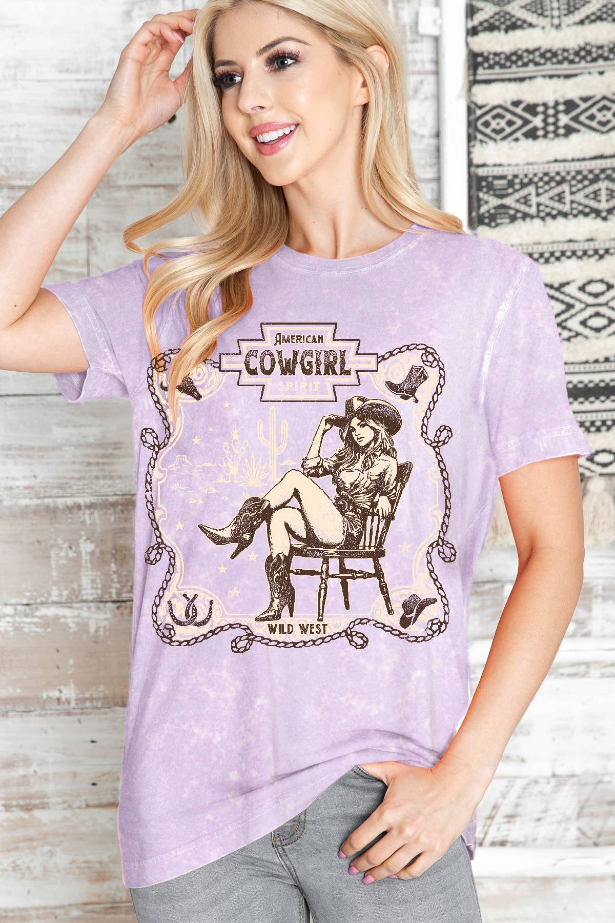 Women Cowgirl Graphic Print Mineral Wash Top
