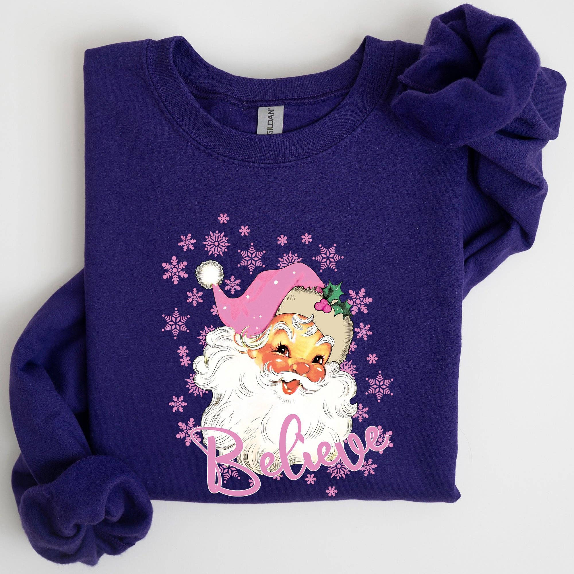 Believe, Pink Santa, Snowflakes, Christmas, Xmas Sweatshirt