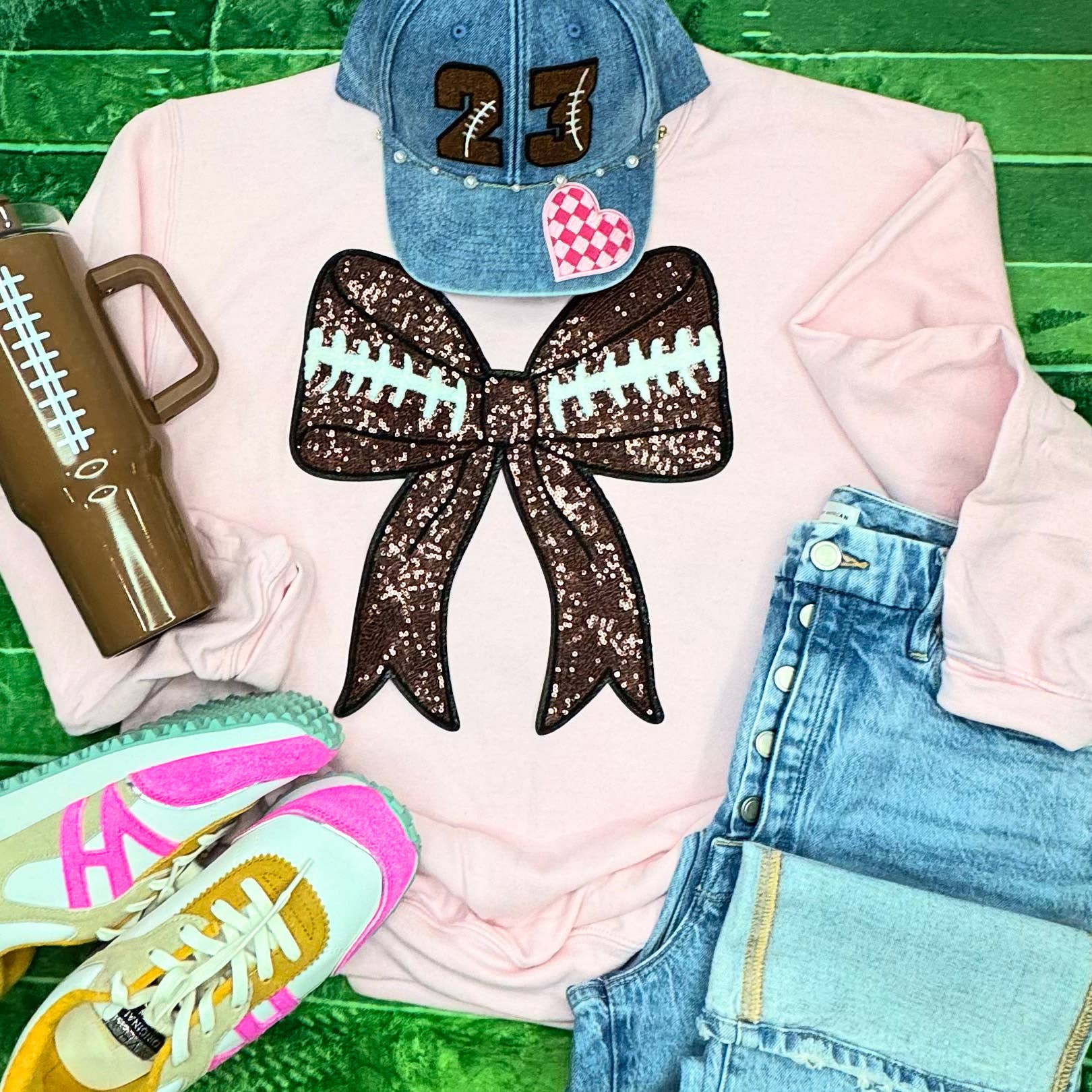 Sequins Football Bow Patch Light Pink Crewneck Sweatshirt