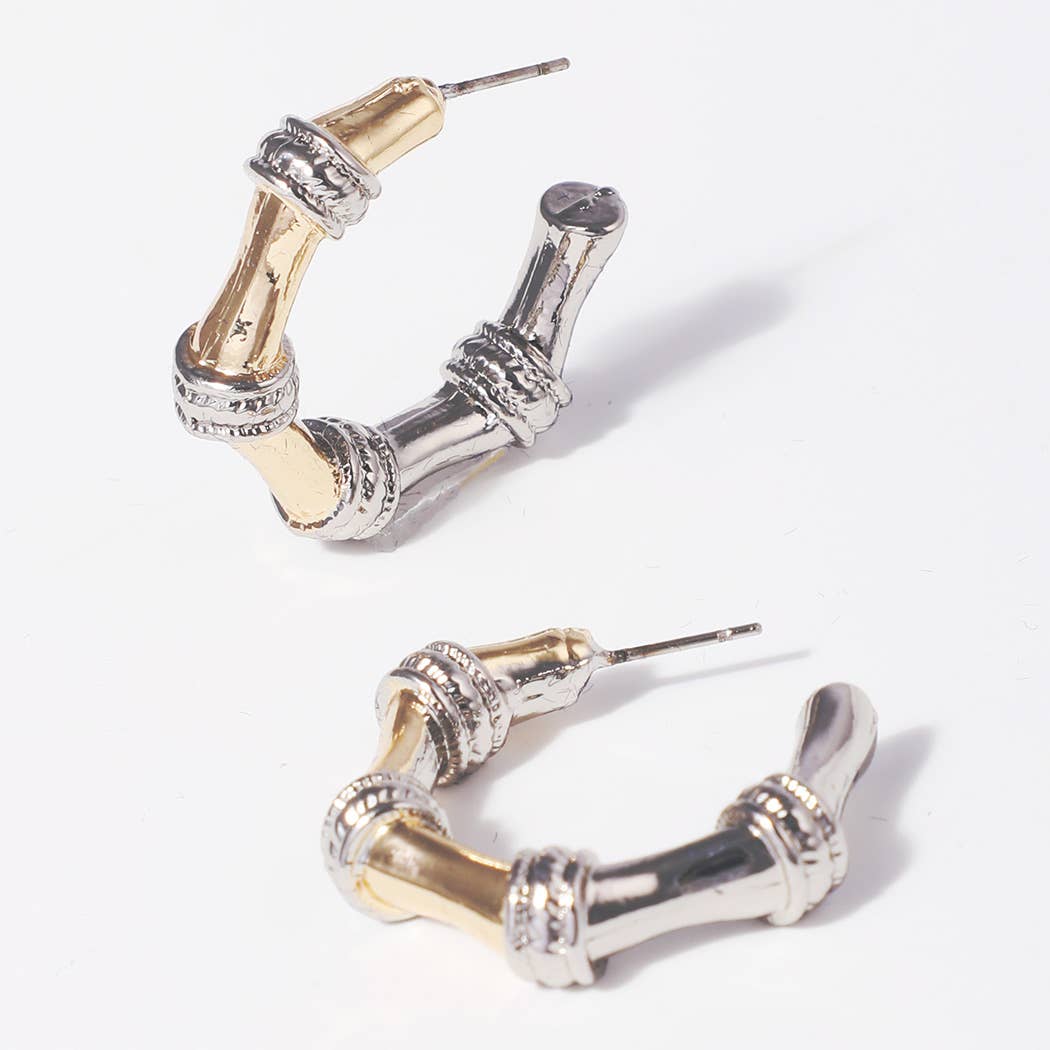 Bamboo Inspired Two Tone Hoop Post Earrings