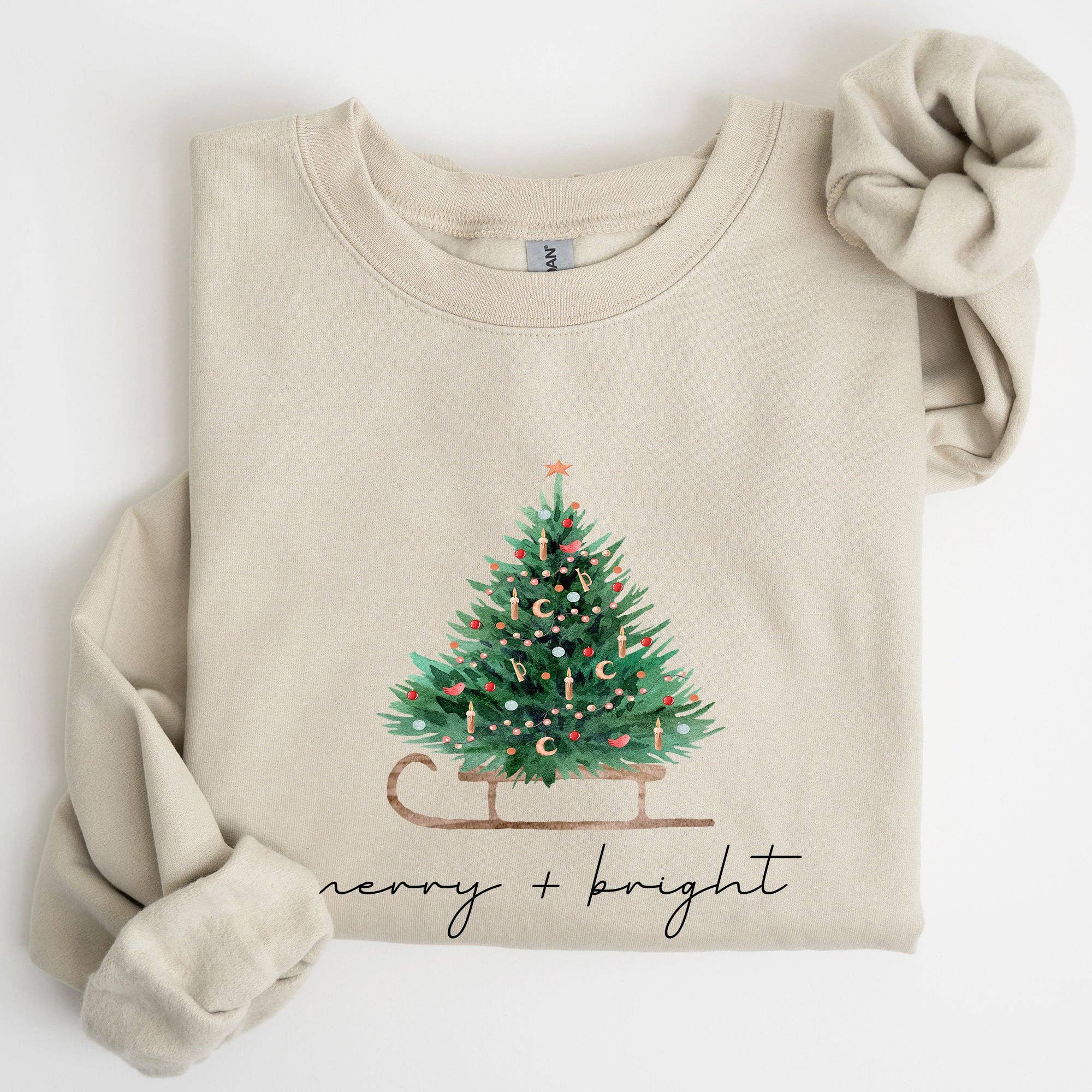 Merry and Bright, Sleigh Christmas Tree Snow Xmas Sweatshirt