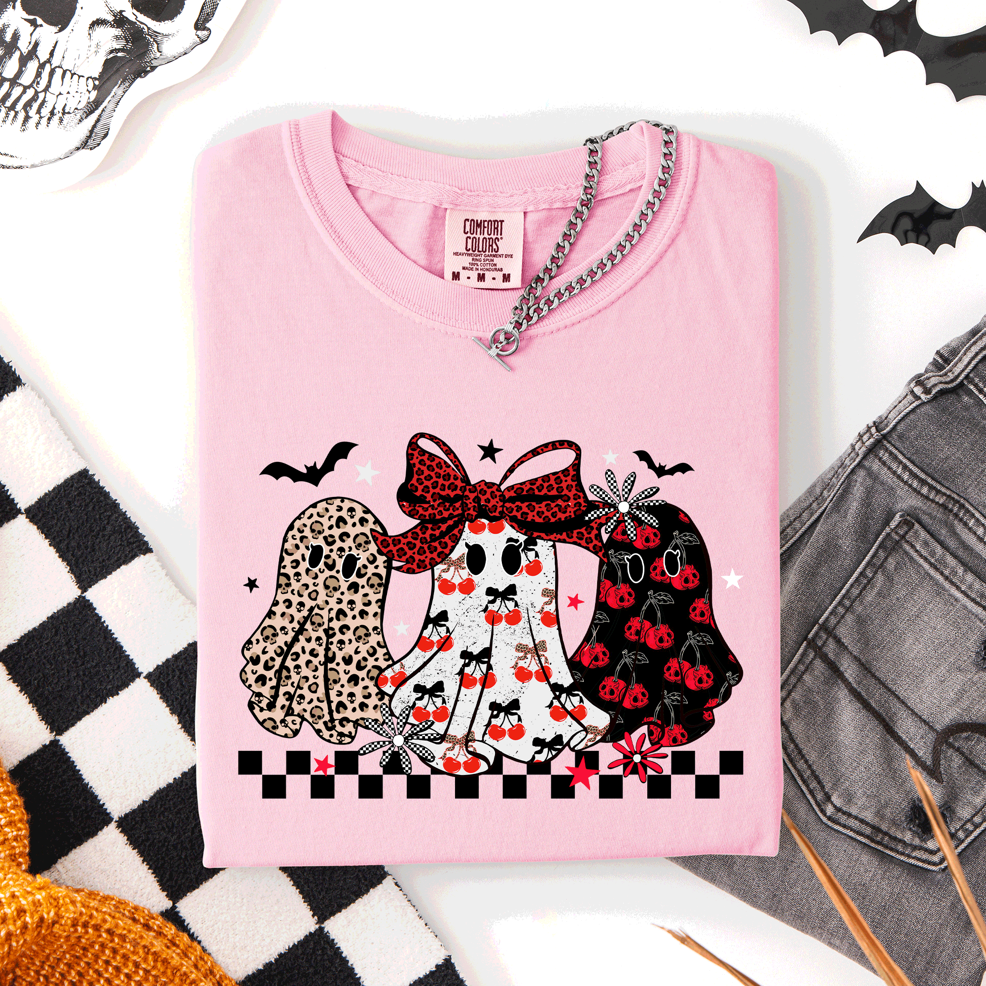 Retro Halloween Ghosts, Checkered, Pattern T-Shirt