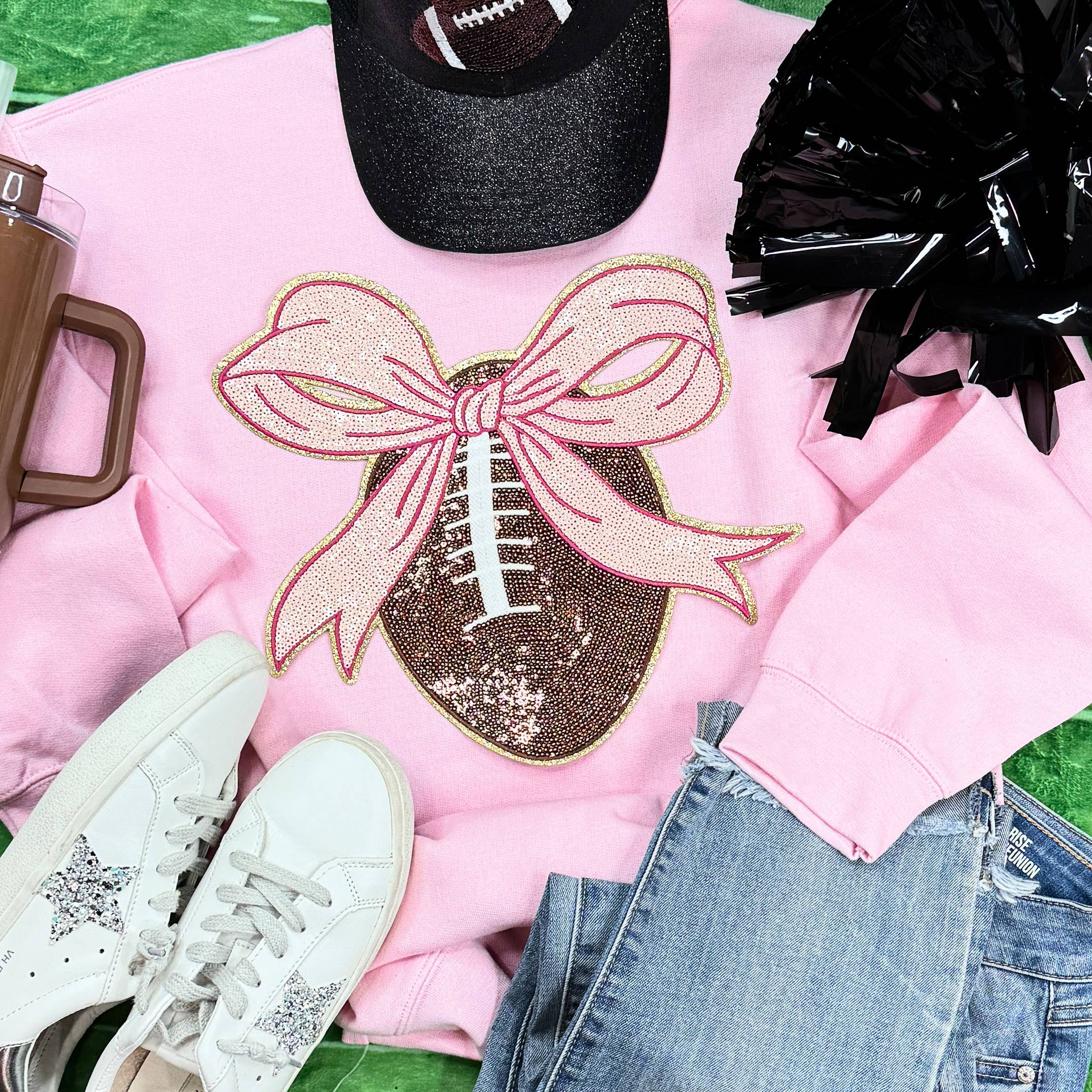 Sequin Football with Pink Sequin Bow Patch Light Pink Sweatshirt
