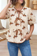 Cowboy Print Puff Sleeve Bowknot Peplum Blouse (S-Xl)