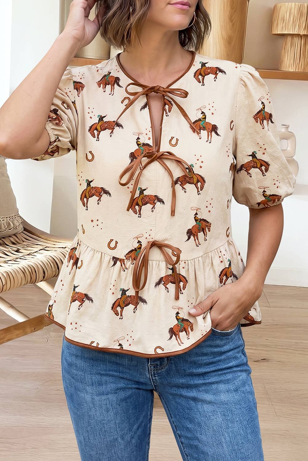 Cowboy Print Puff Sleeve Bowknot Peplum Blouse (S-Xl)