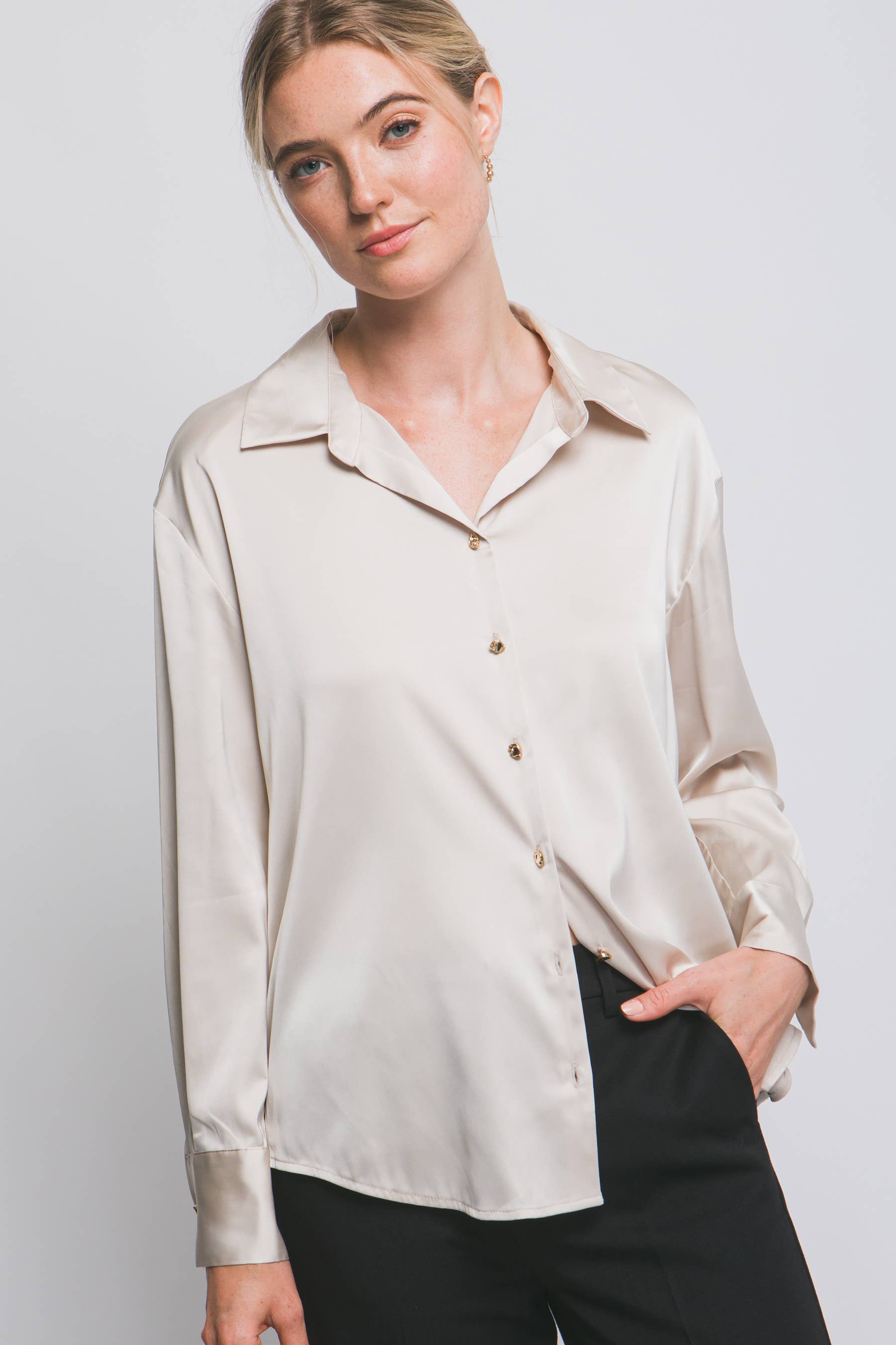 .0808 Long Sleeve Collared Satin Shirt SI-28401