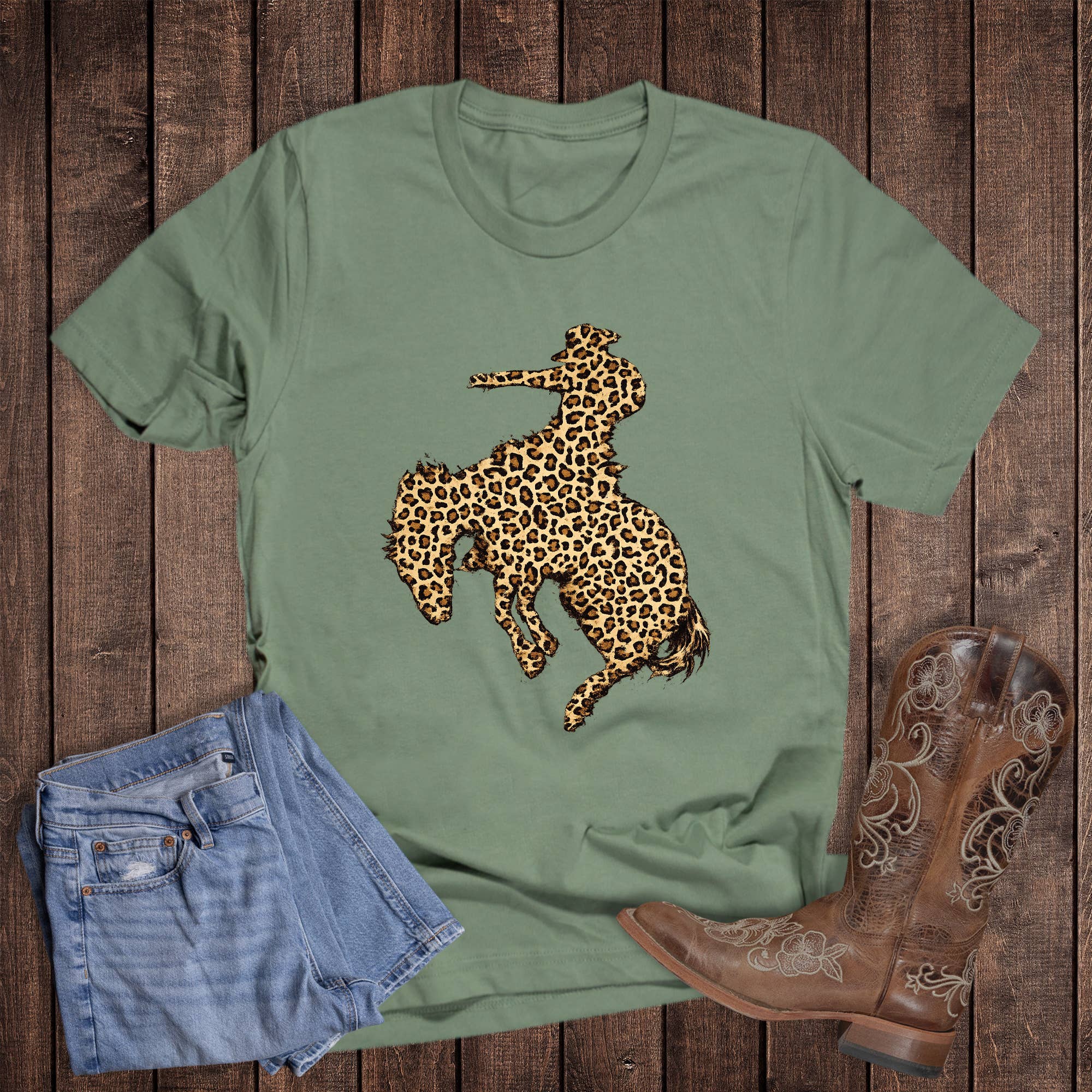 Western Leopard Bucking Bronc Graphic Tee