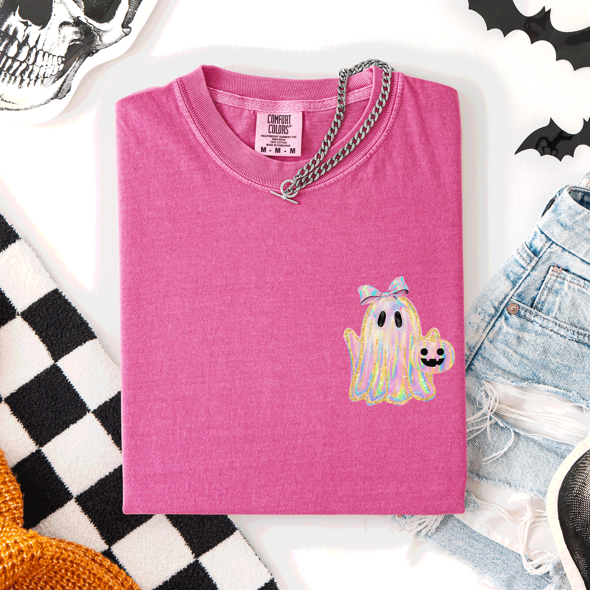 Cute Ghost, Coquette, Ribbon, Faux Glitter Halloween T-Shirt