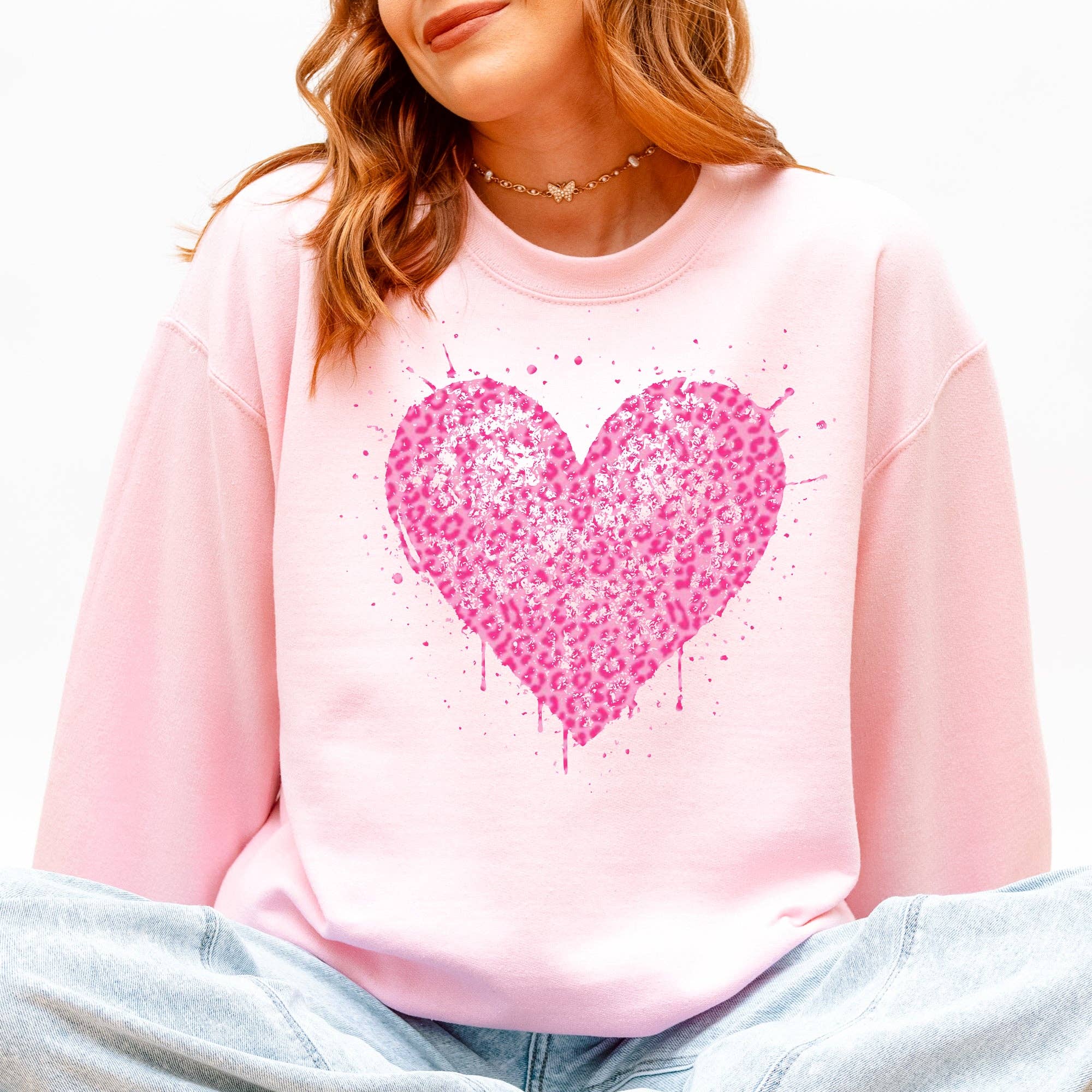 Pink Leopard Print Heart Valentine's Day, Love, Sweatshirt