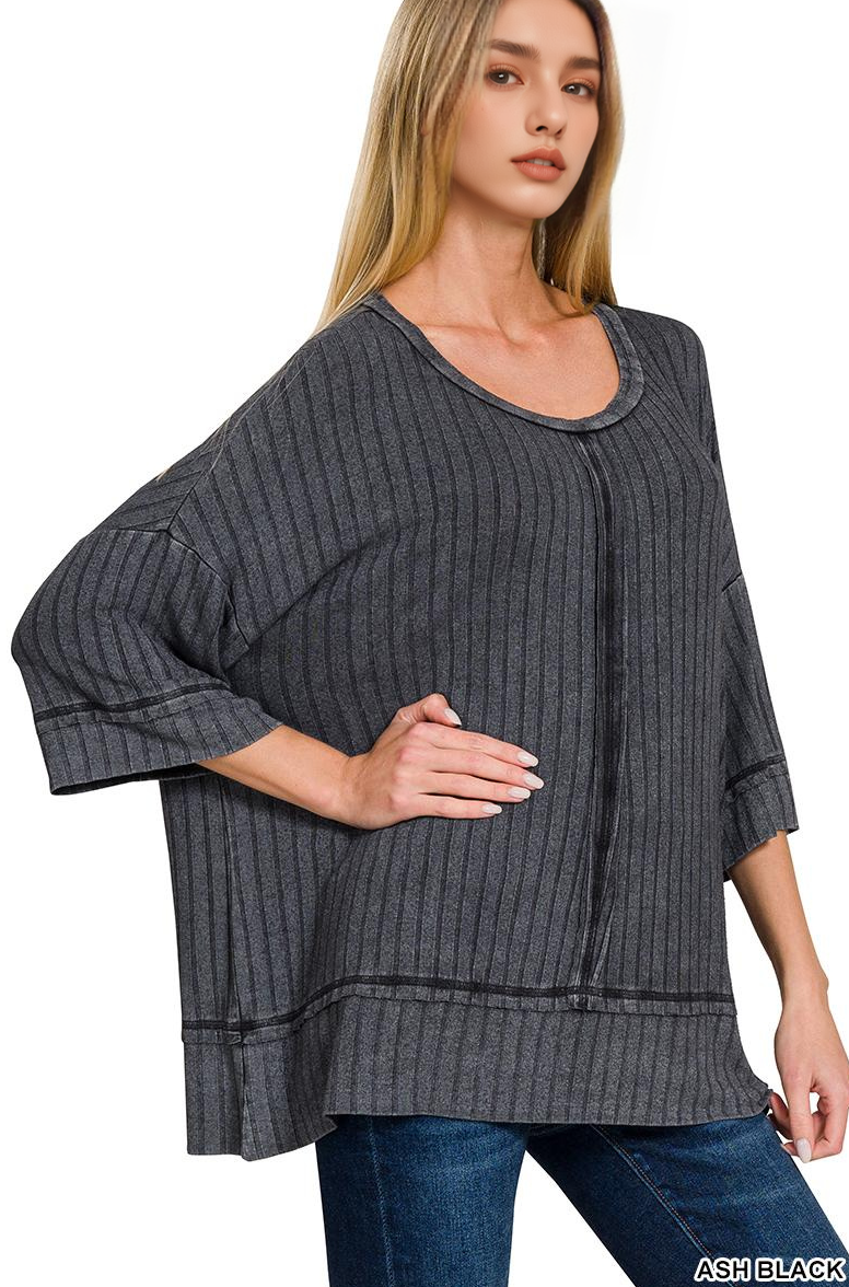 ...._ 0628 Ribbed Drop Shoulder Half Sleeve Boat Neck Top SI-25886
