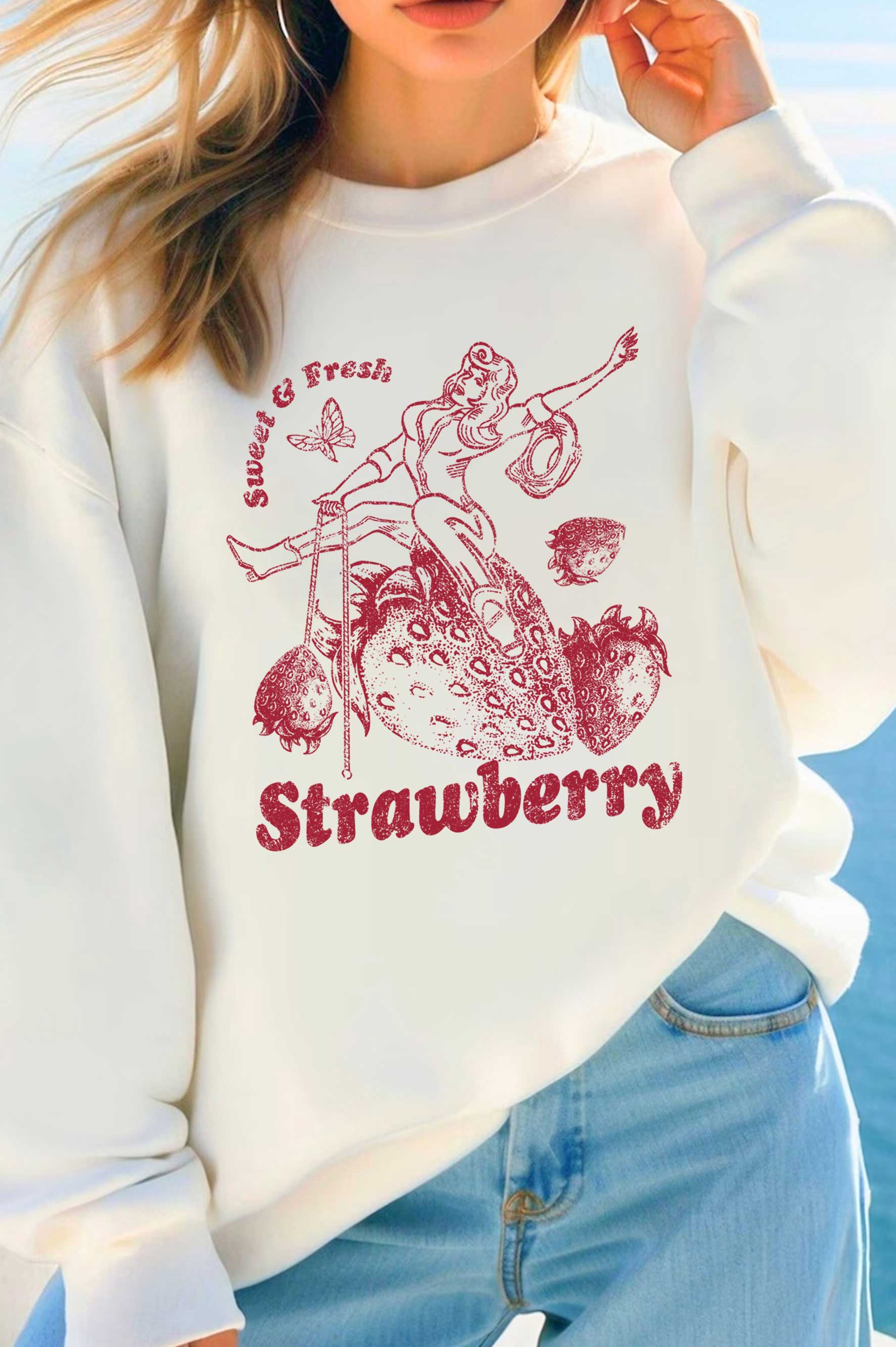 Sweet & Fresh Strawberry Cowgirl Graphic Brushed Sweatshirts