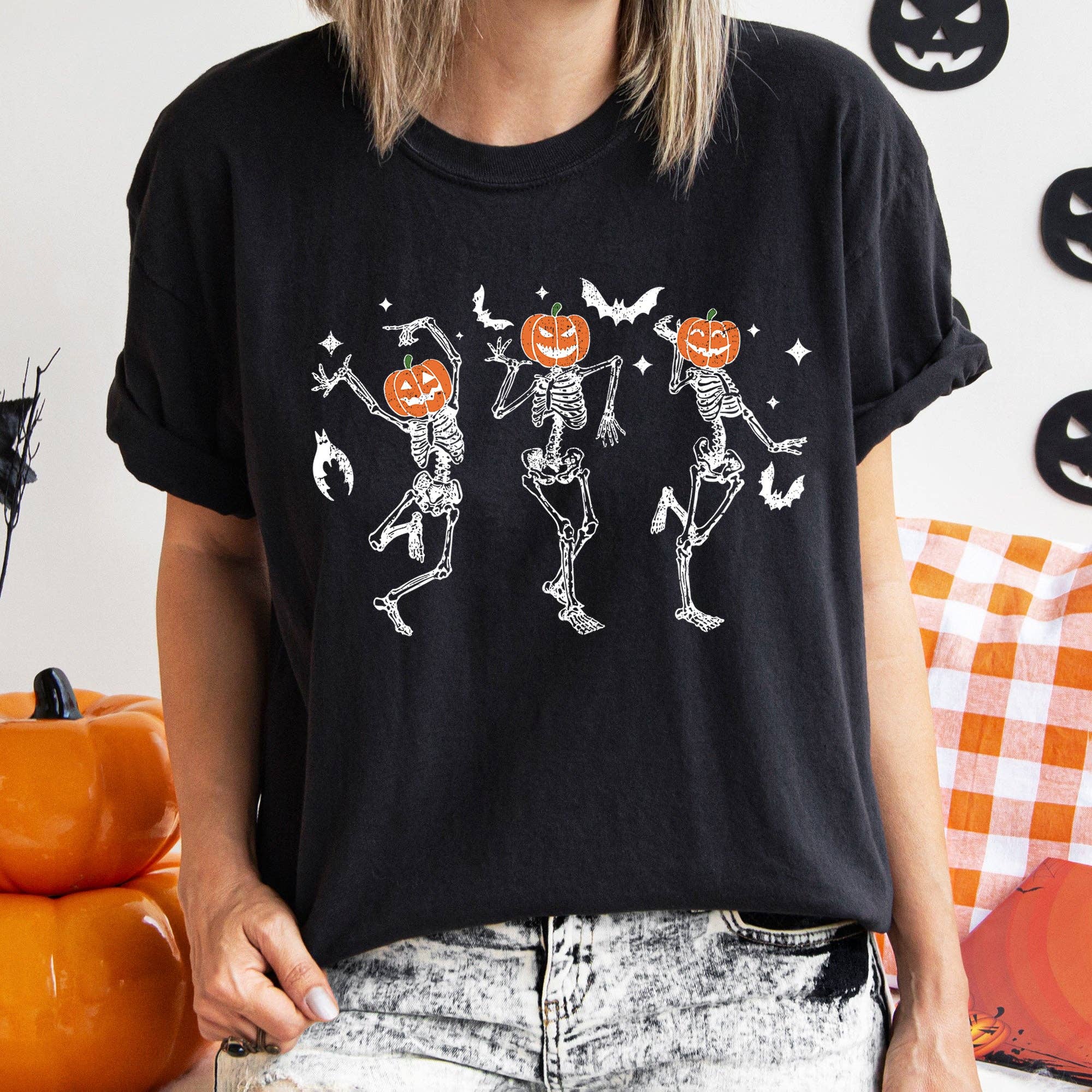 Dancing Pumpkin Skeletons Halloween T-Shirt White Print