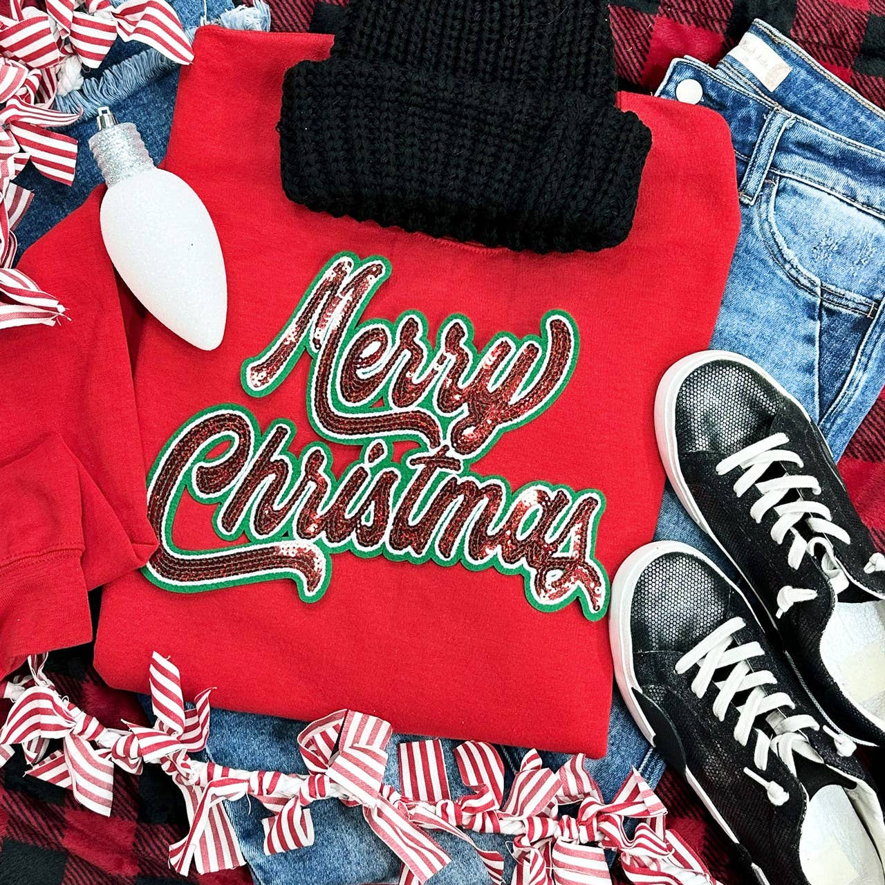 Red Lettering Sequin Merry Christmas Chenille Crewneck Sweatshirt