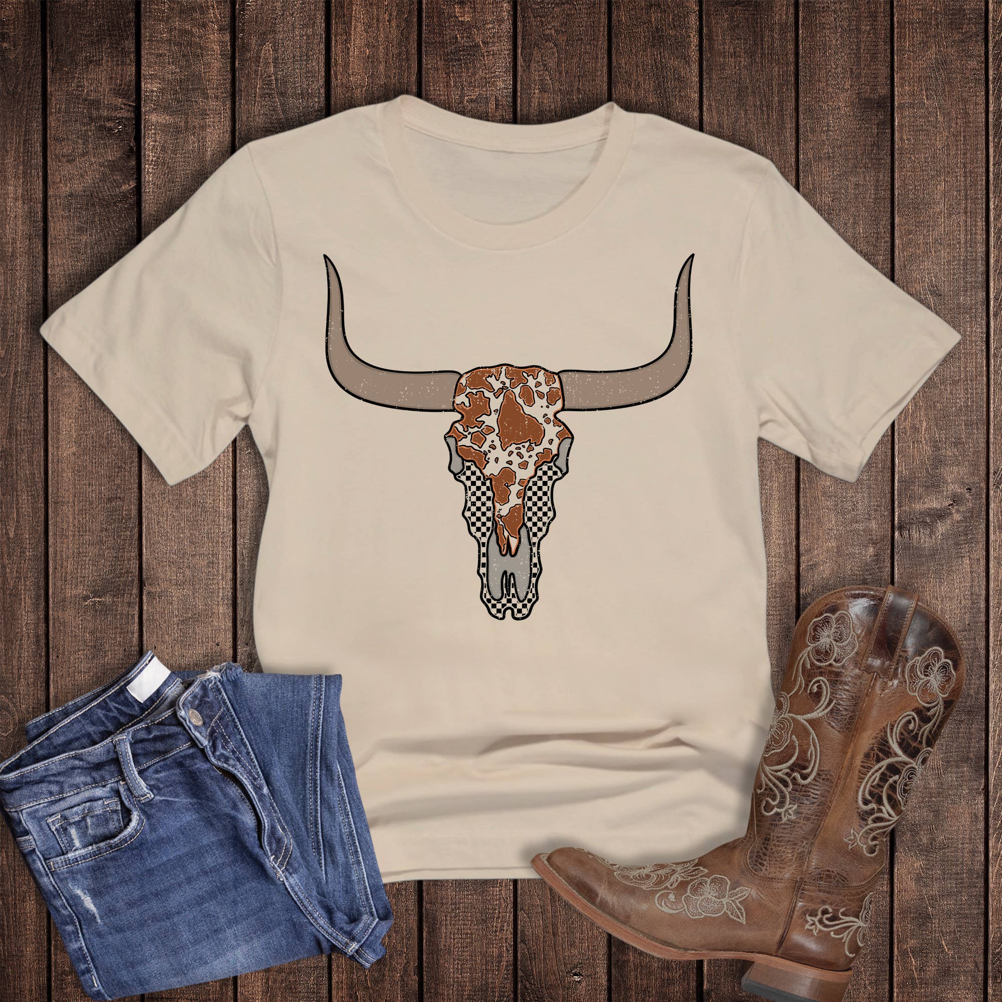 Western Check Cow Print Cow Skull Graphic Tee