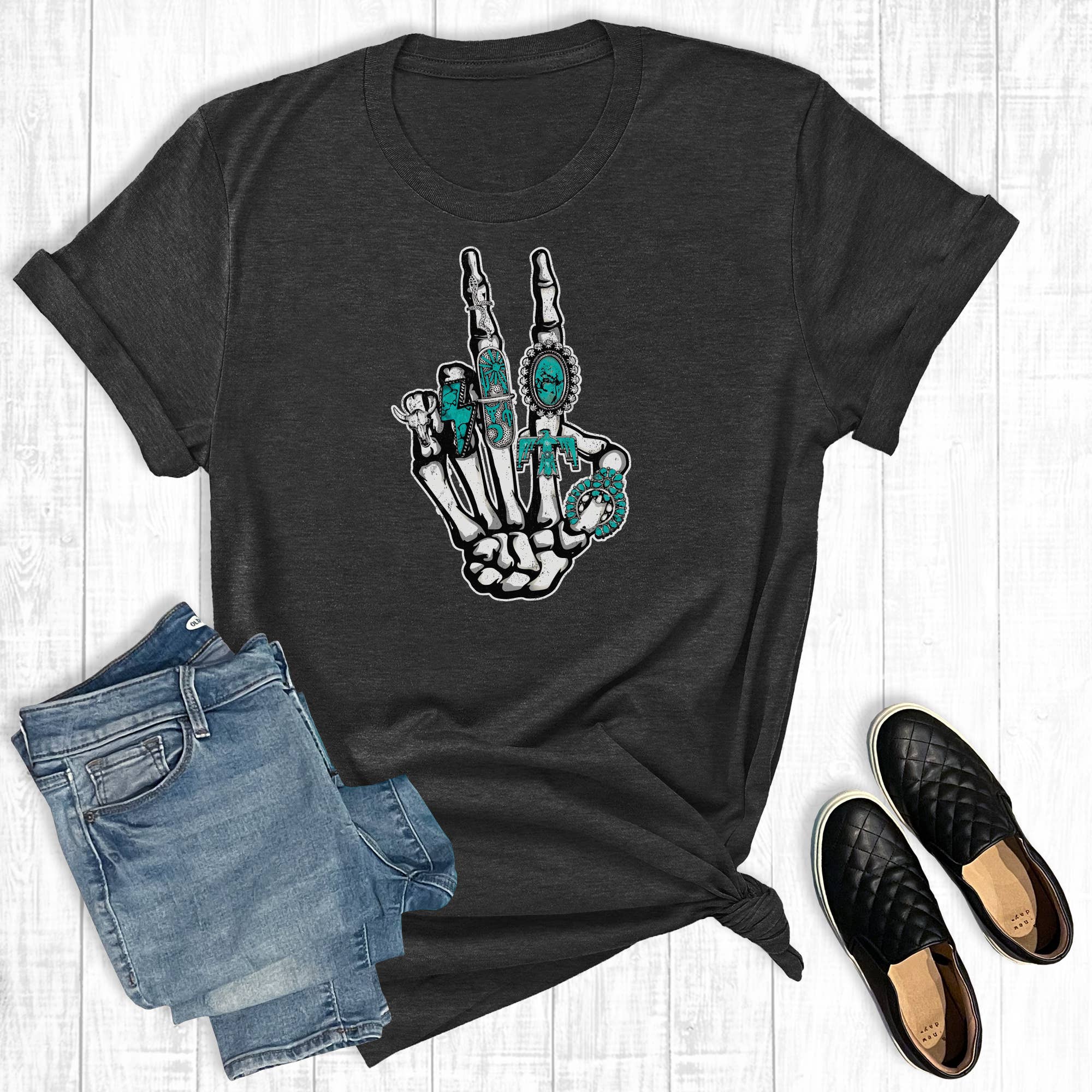 Turquoise Western Skeleton Peace Graphic Tee