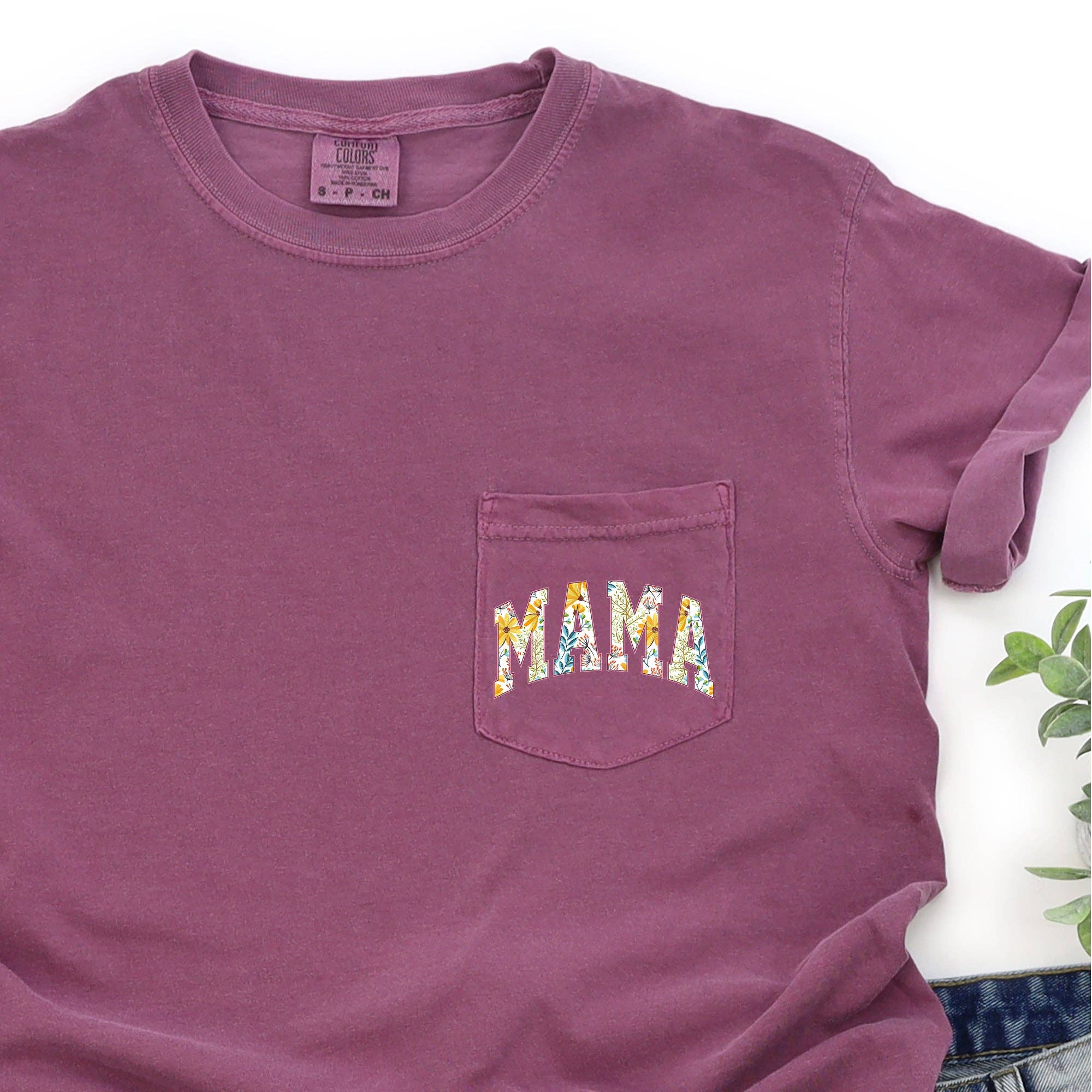 Mama, Retro Floral, Pocket Tee