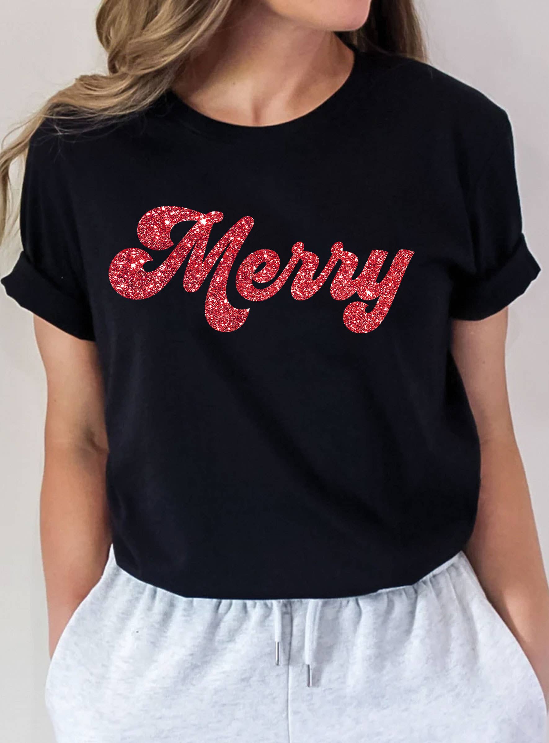 Merry Glitter Print Graphic Tshirts