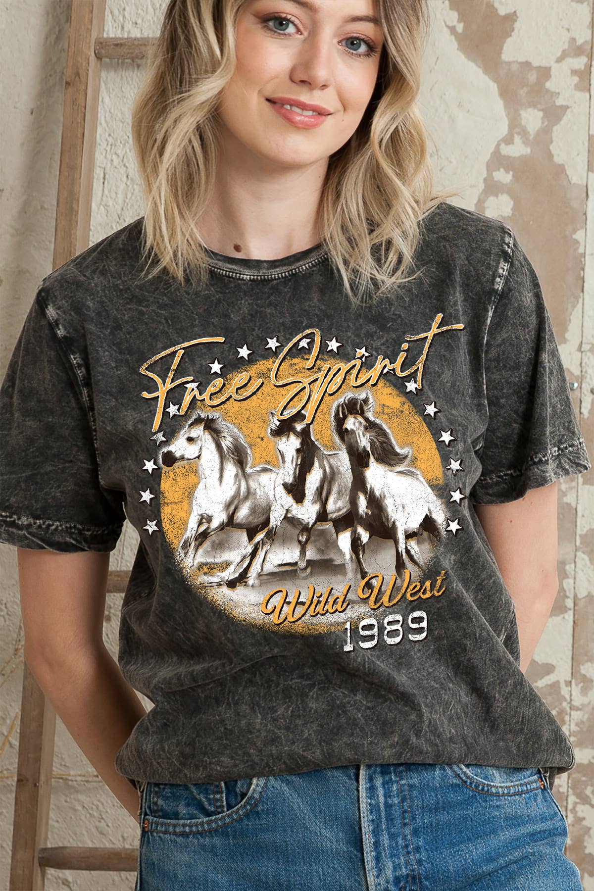 Women Wild Western Graphic Print Mineral Wash Top