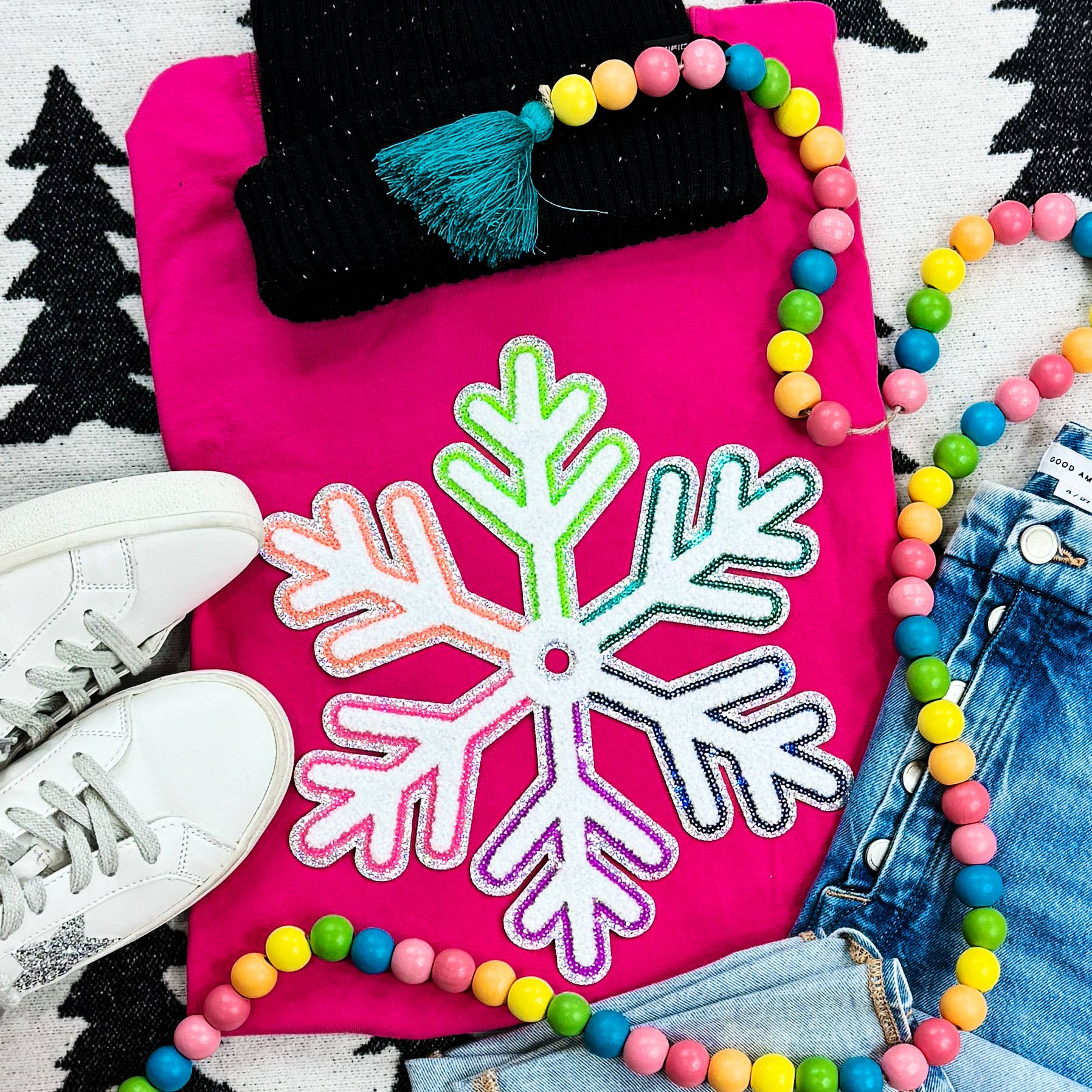 Multi-Colored Chenille/Sequin Snowflake Patch Heliconia Tee
