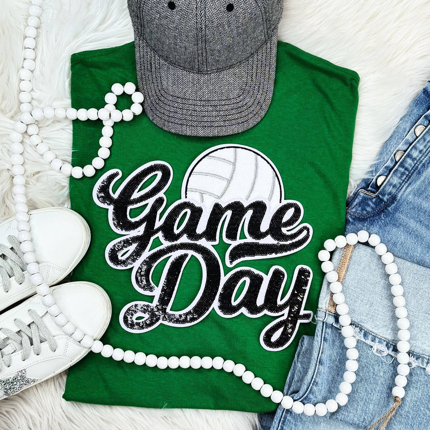 Black Sequin Volleyball Game Day Patch Turf Green Everyday Tee