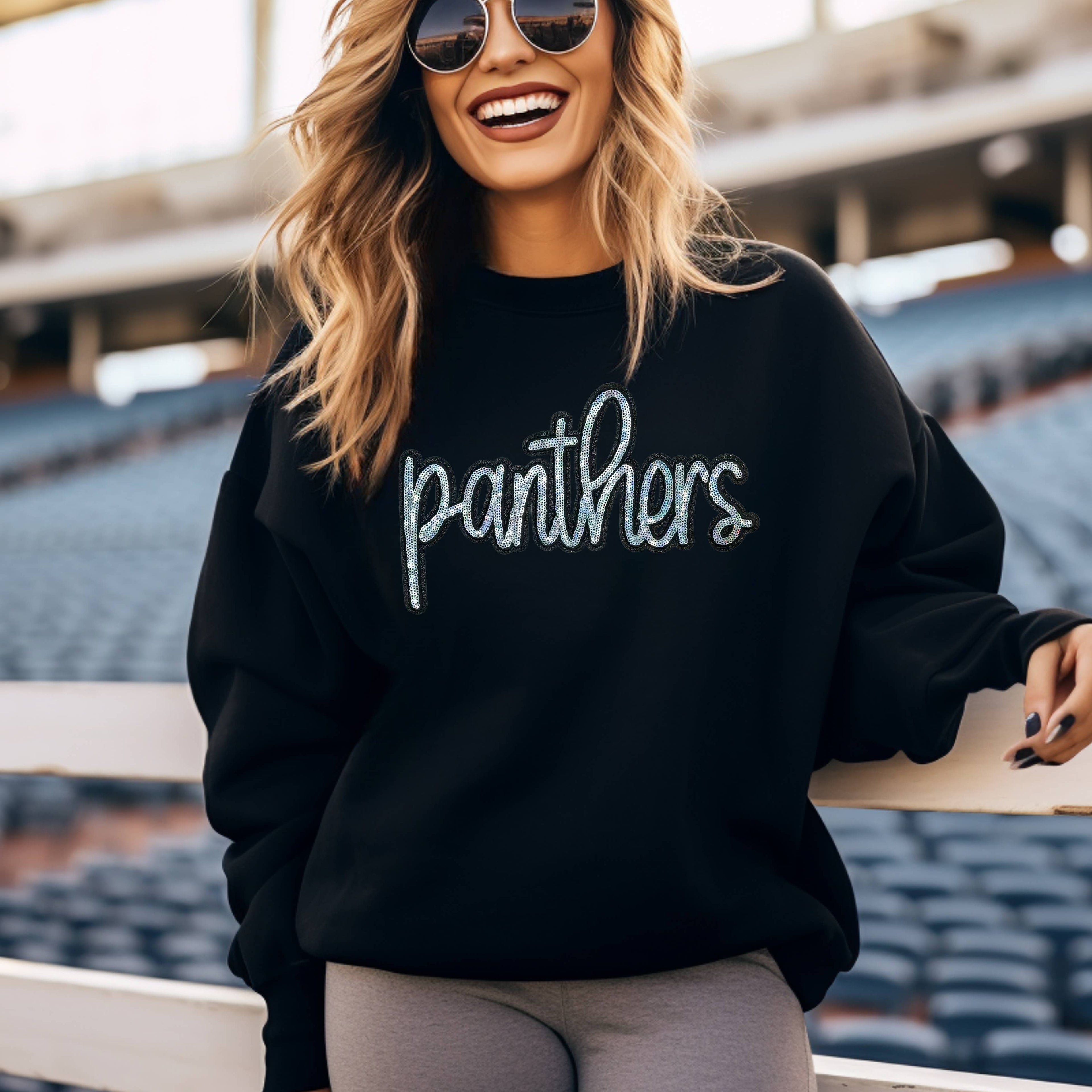 Panthers Sequin Patch Black Crewneck Sweatshirt
