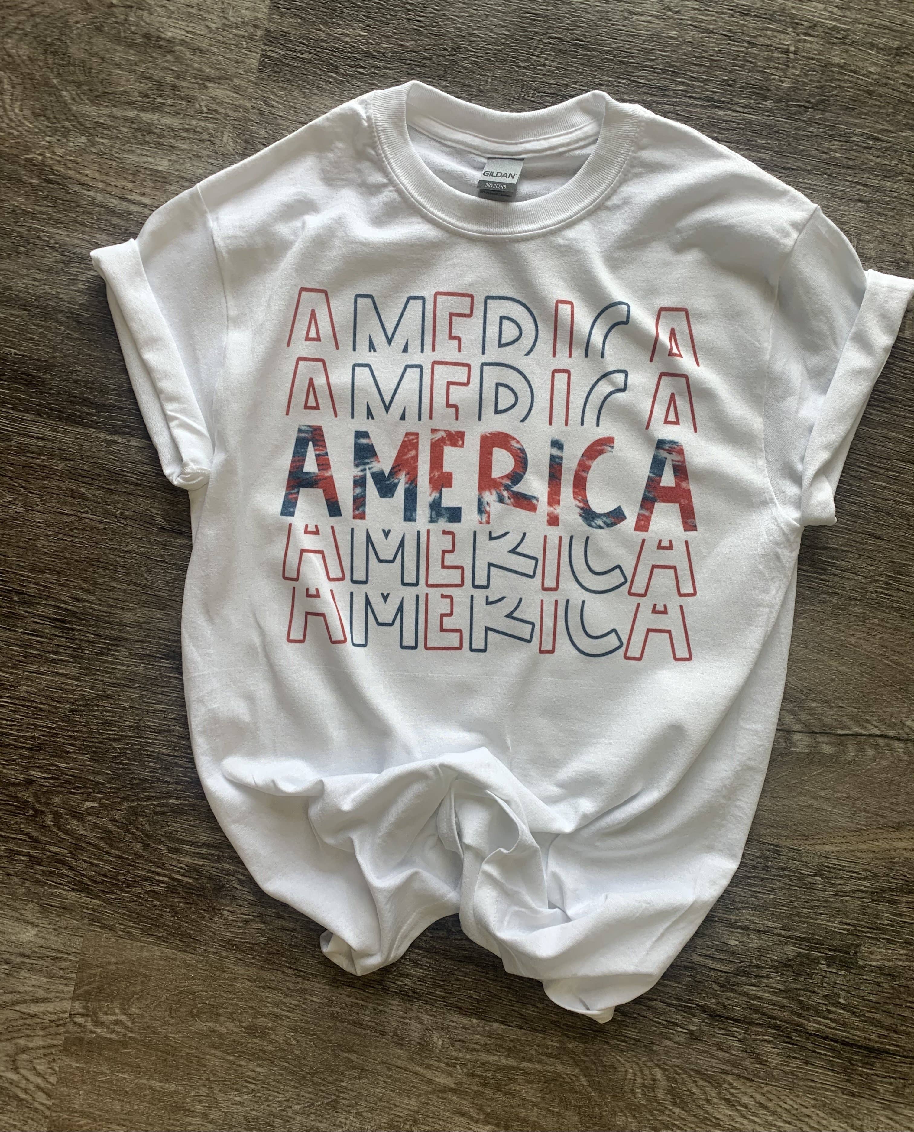 America Stacked Letters On White Tee