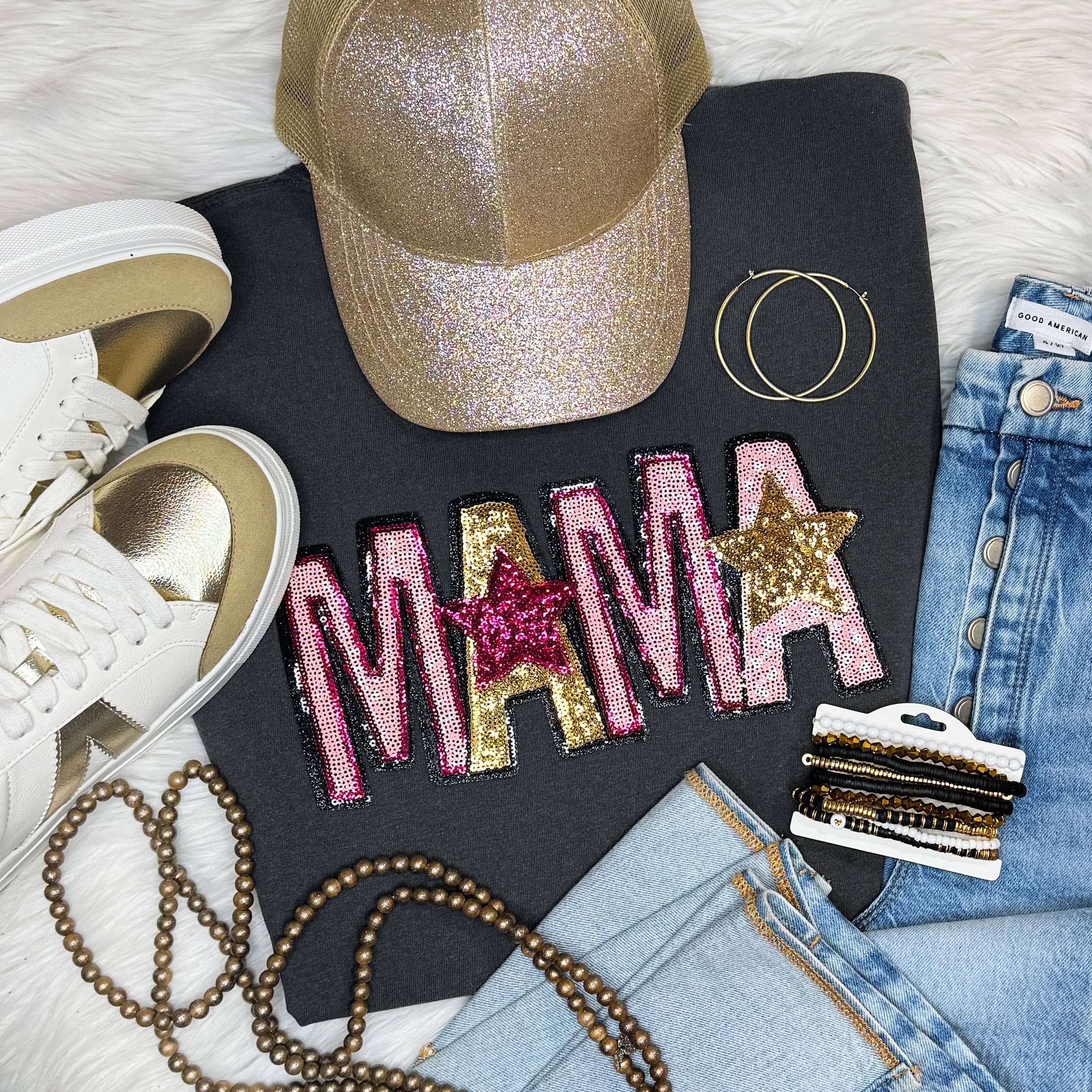 Mama Pink and Gold Sequin Tee