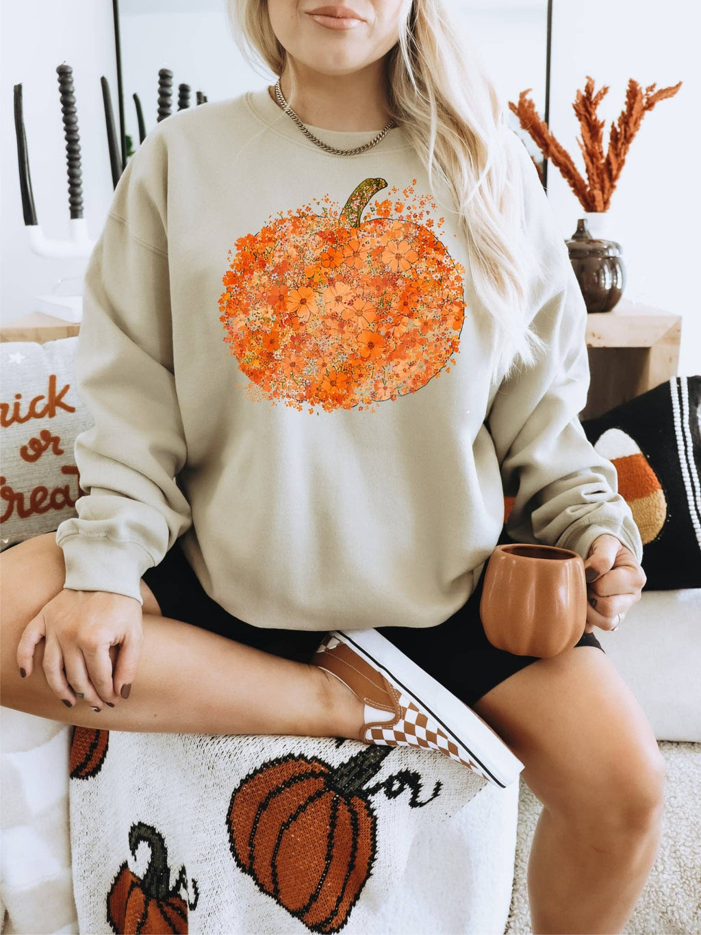 Boho Orange Flower Pumpkin Seasonal Fall Graphic Sweatshirt