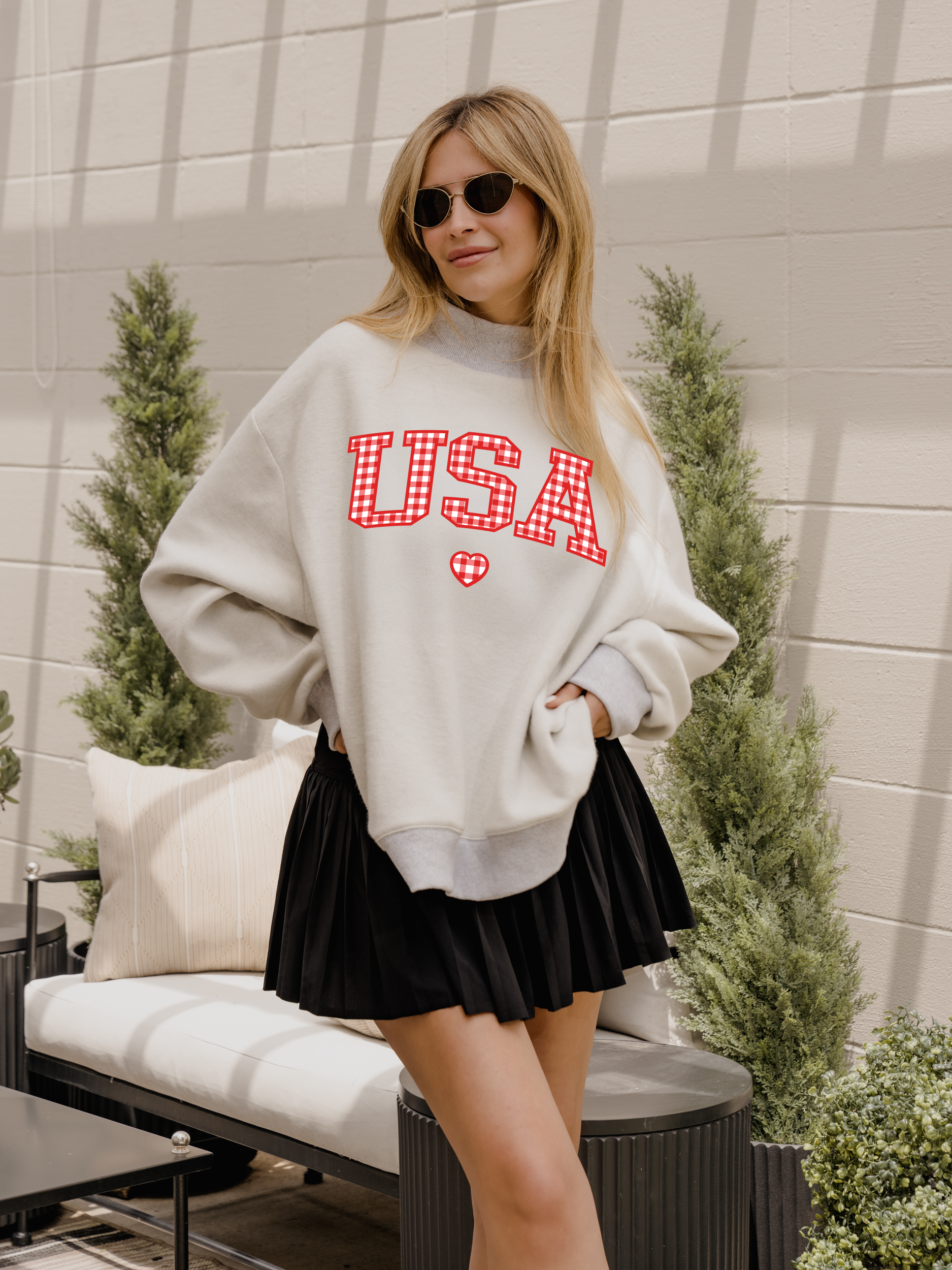 America USA Gingham Heart Reversible Mock Neck Sweatshirt