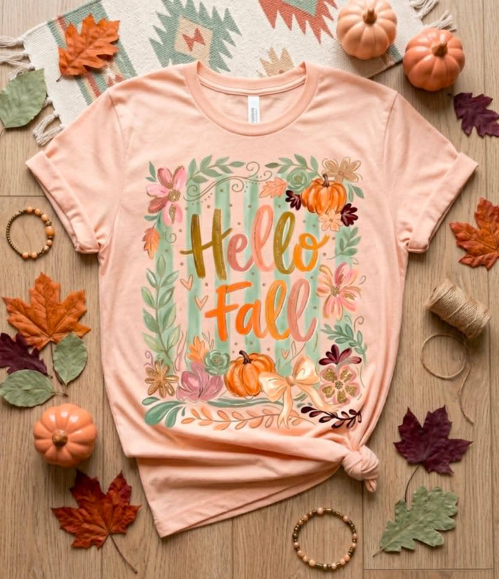 Boho Hello Fall Collage Peach Seasonal Graphic Tee