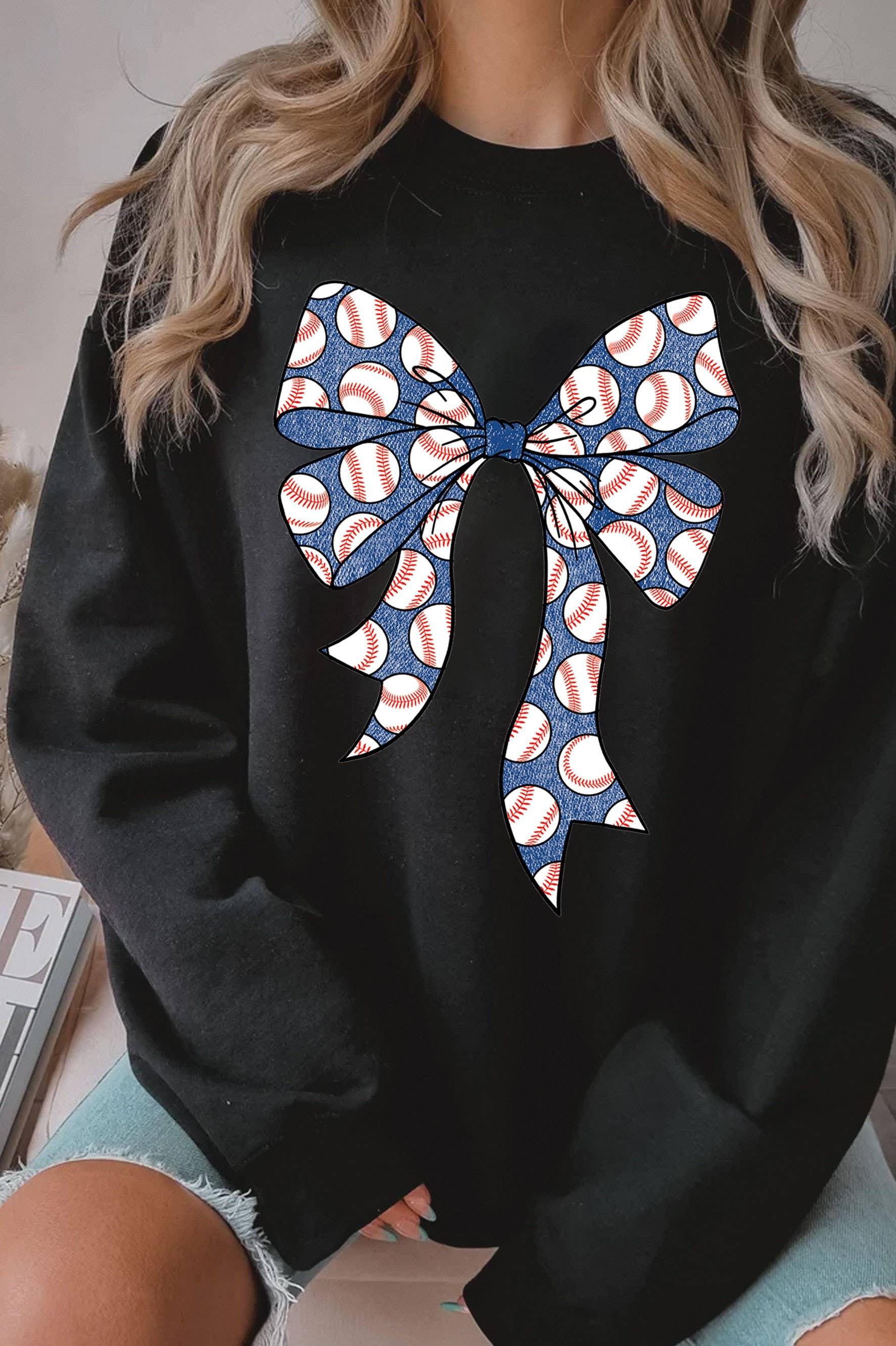Baseball Coquette Bow Graphic Brushed Sweatshirts