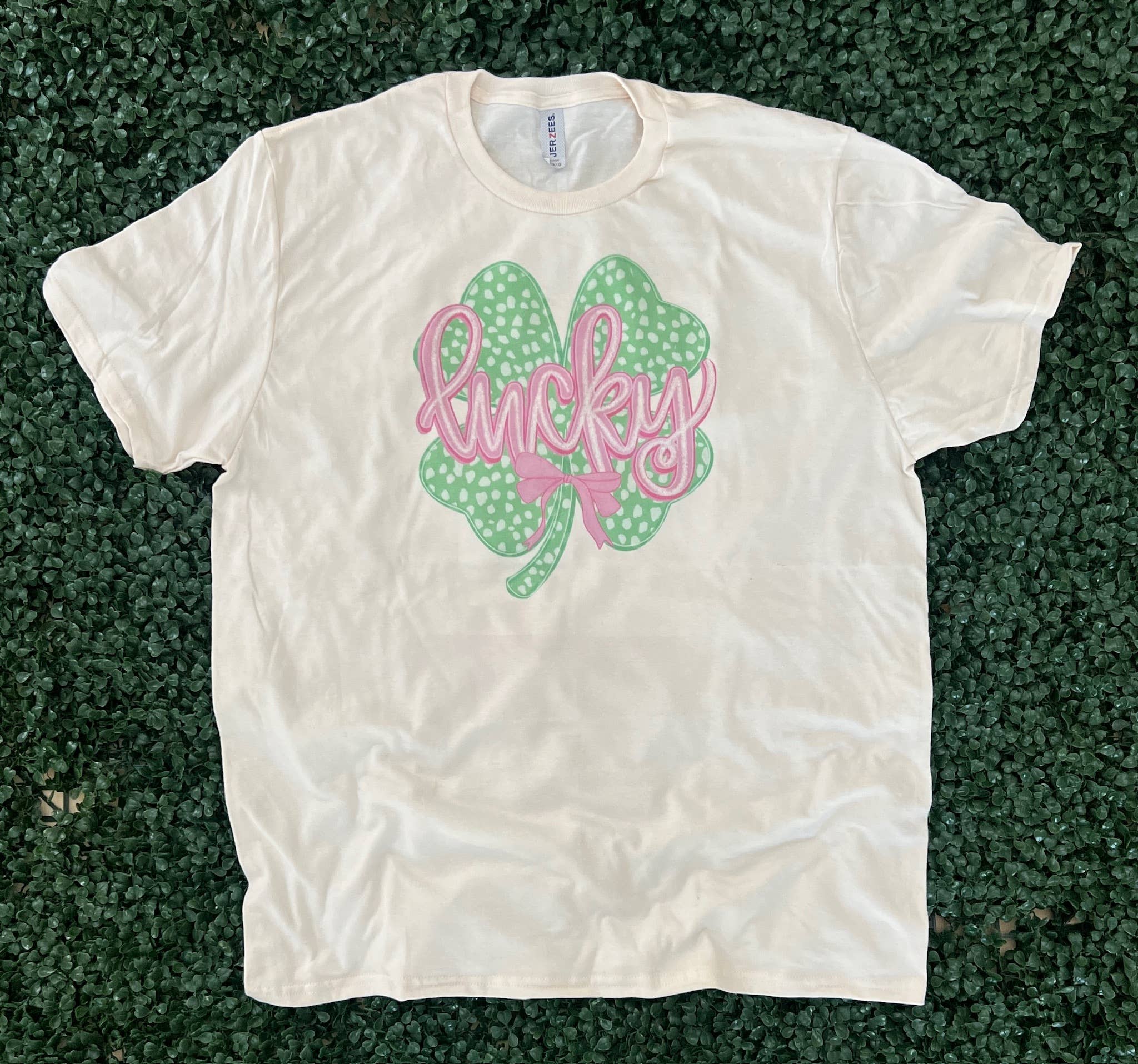 Shamrock with Pink Lucky Script On Cream Tee