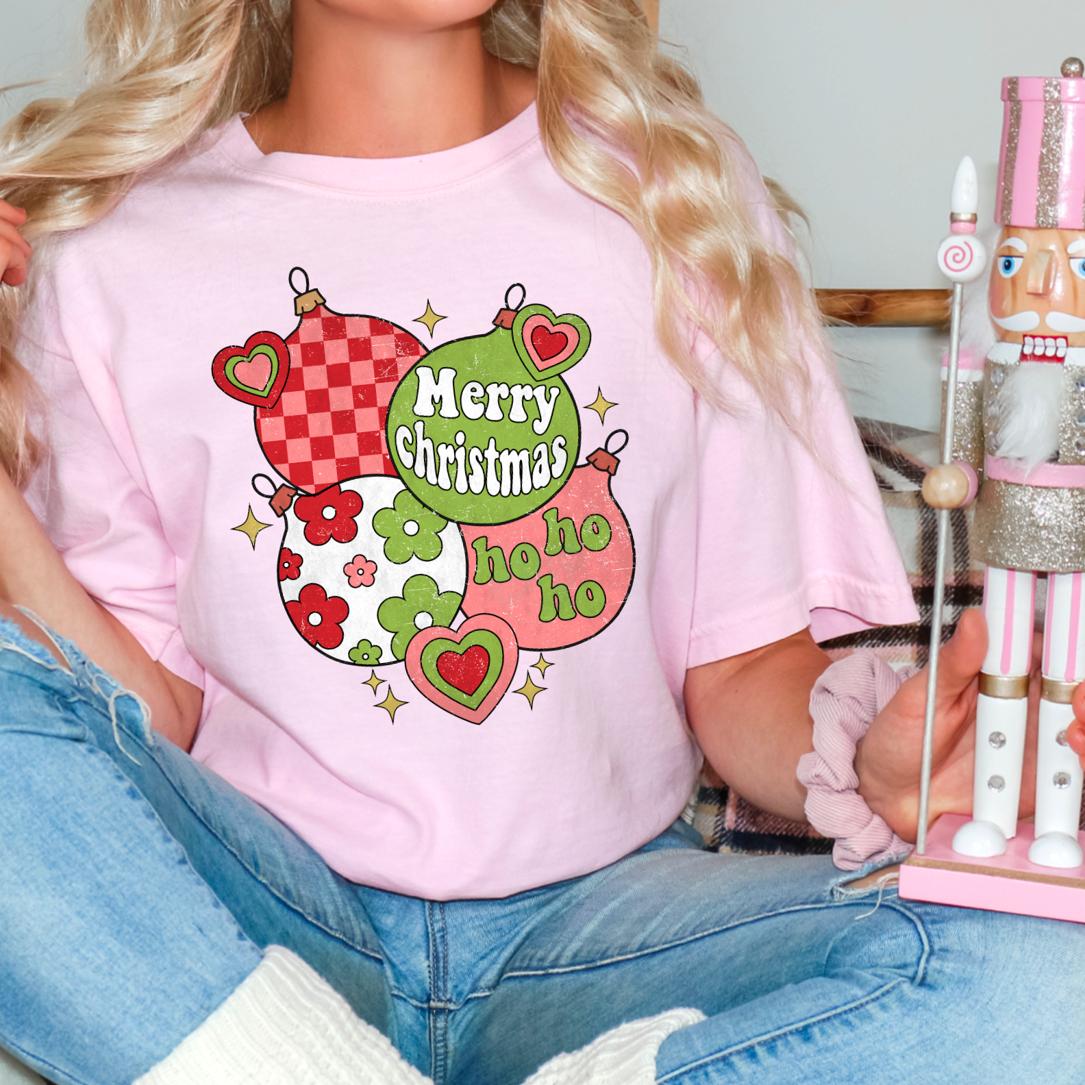 Retro Floral Christmas Ornaments Christmas Graphic Tee