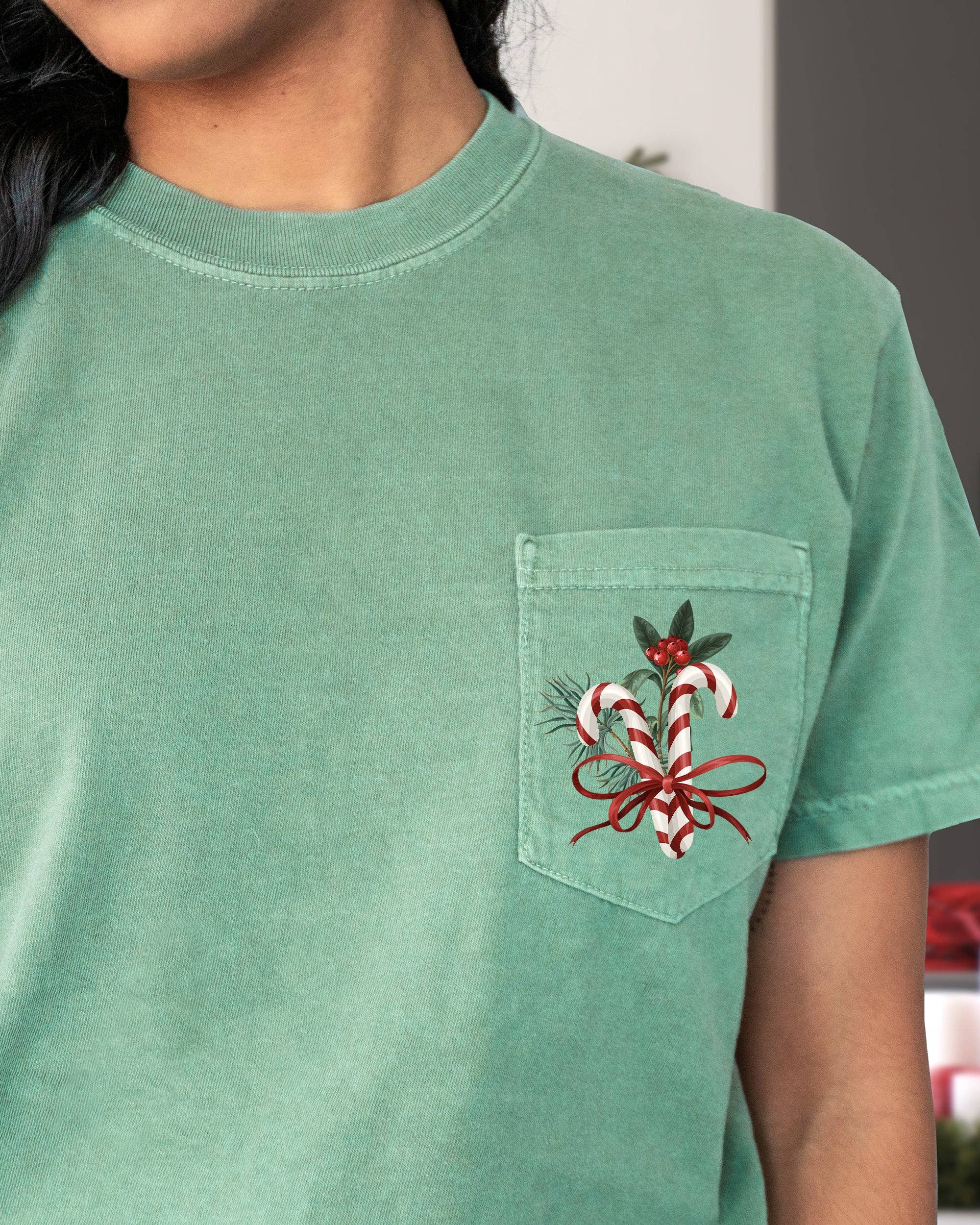 Christmas Flowers, Candy Cane, Floral, Mistle Toe Pocket Tee