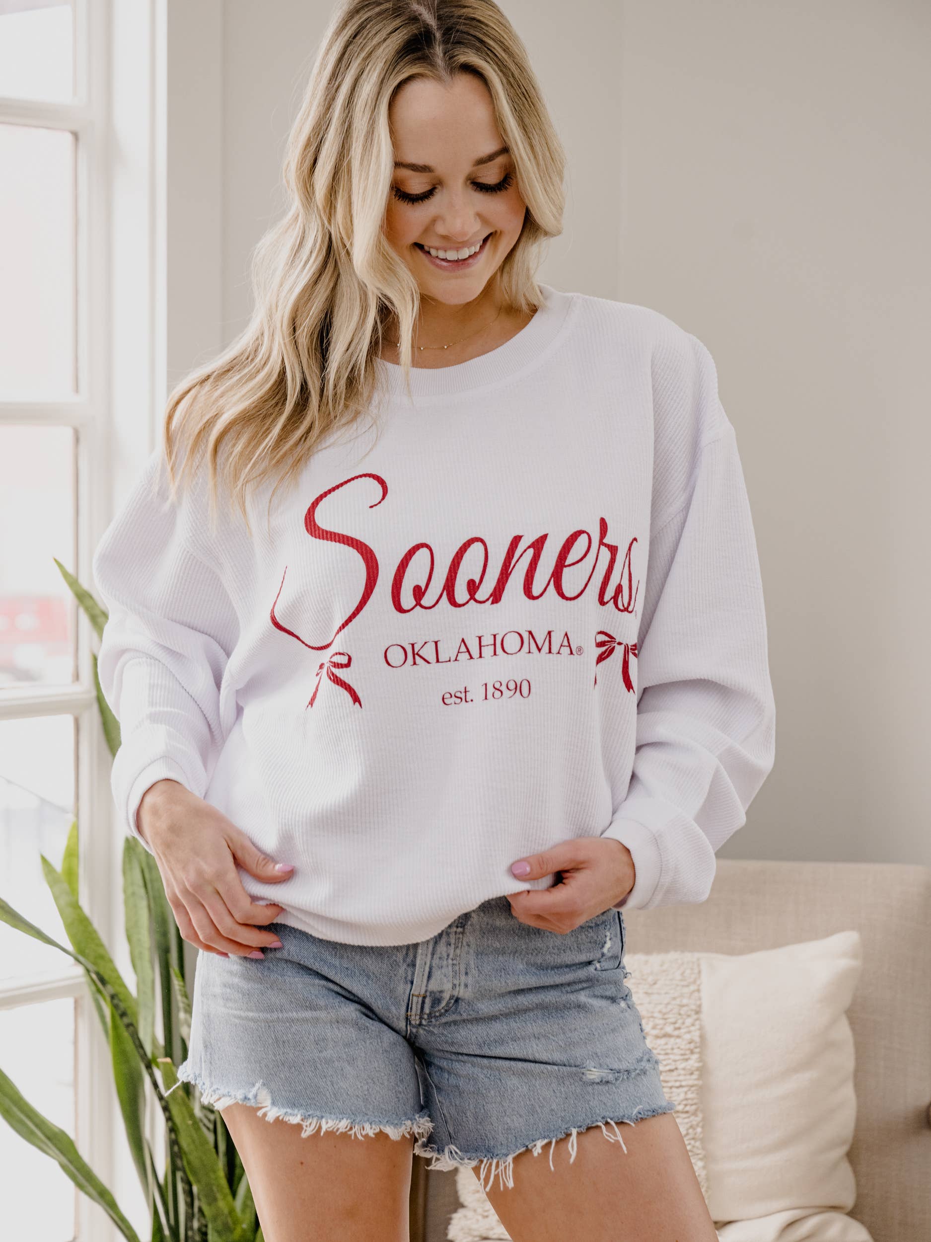Ou Sooners Established Bows White Corded Crew Sweatshirt