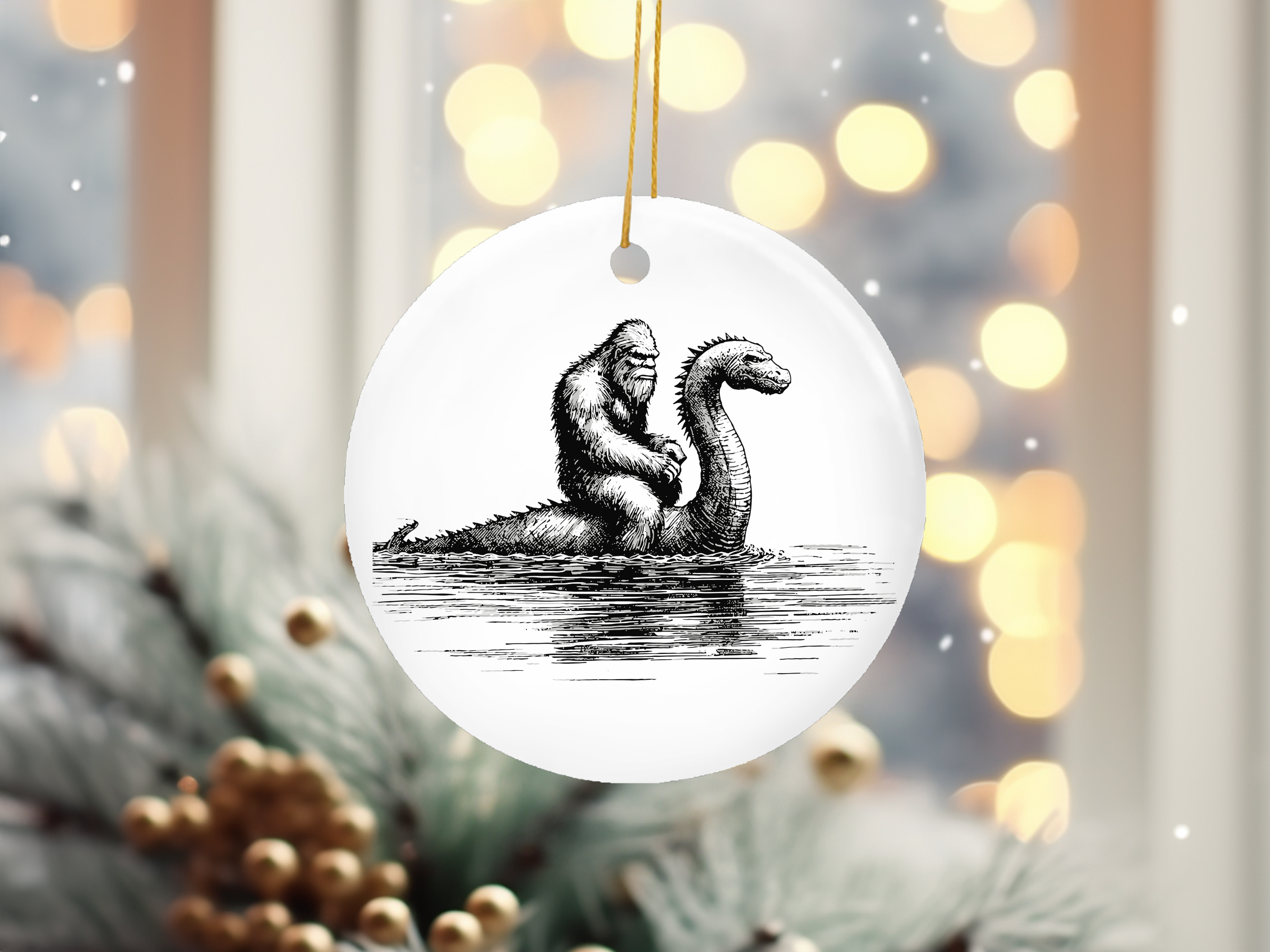 Bigfoot Riding Loch Ness Monster Funny Christmas Ornament