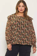 Plus Size Floral Print Long Sleeve Ruffle Blouse