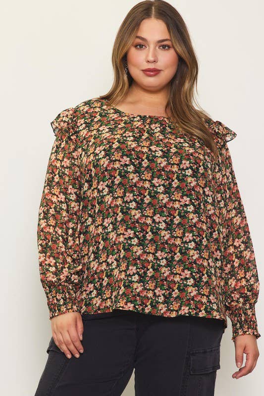 Plus Size Floral Print Long Sleeve Ruffle Blouse