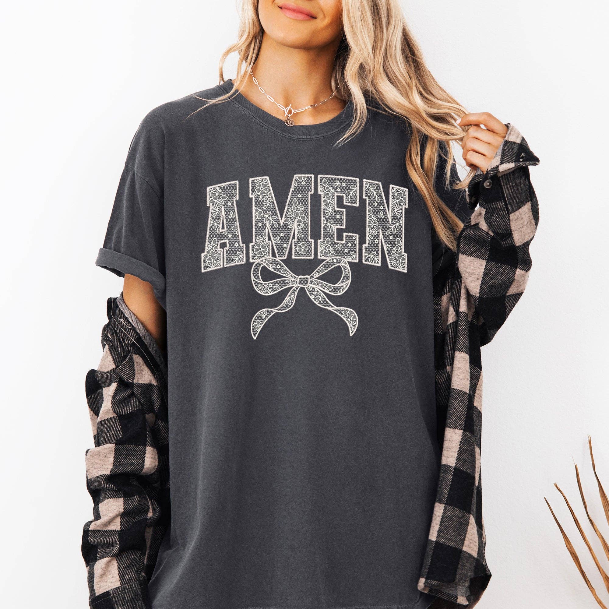 Amen, Lace, Ribbon, Bow, Christian, Jesus Faith Tshirt