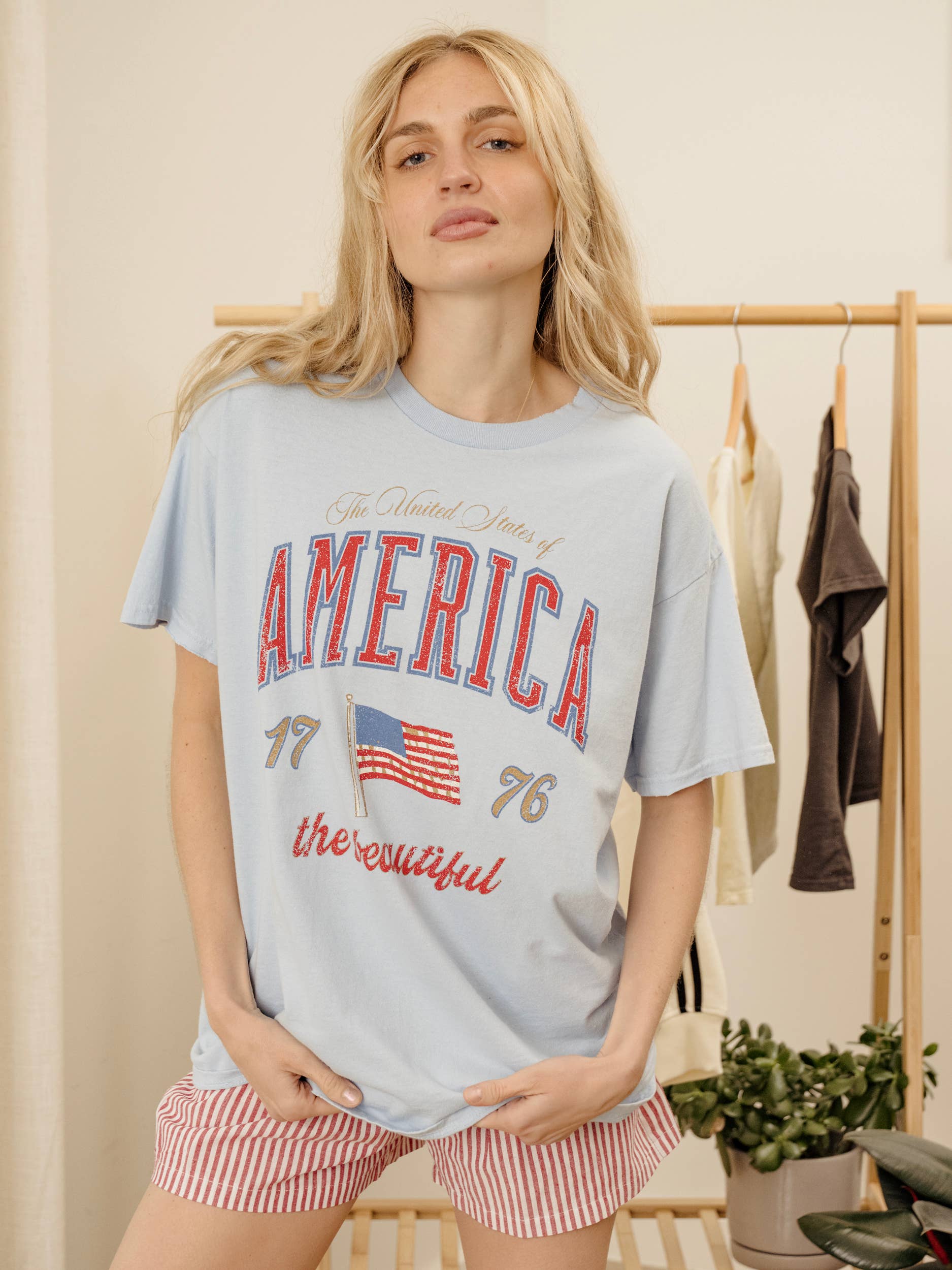 4th of July USA America Wave Arch Light Blue Thrifted Tee