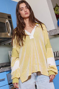 T2004D | Ribbed Knit Color-Block Collared Loose Fit Top