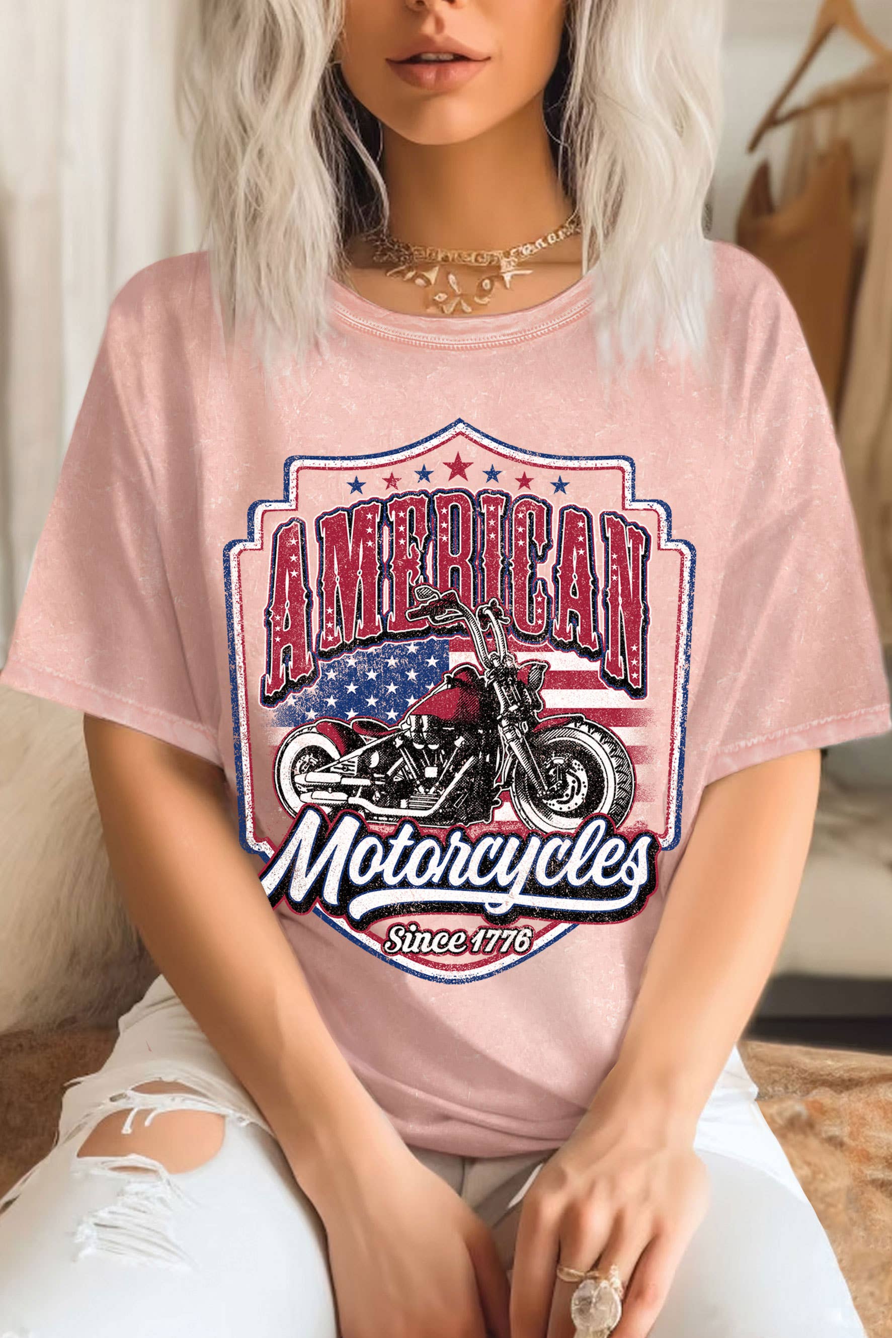 Motorcycle America Flag Mineral Graphic Tshirts