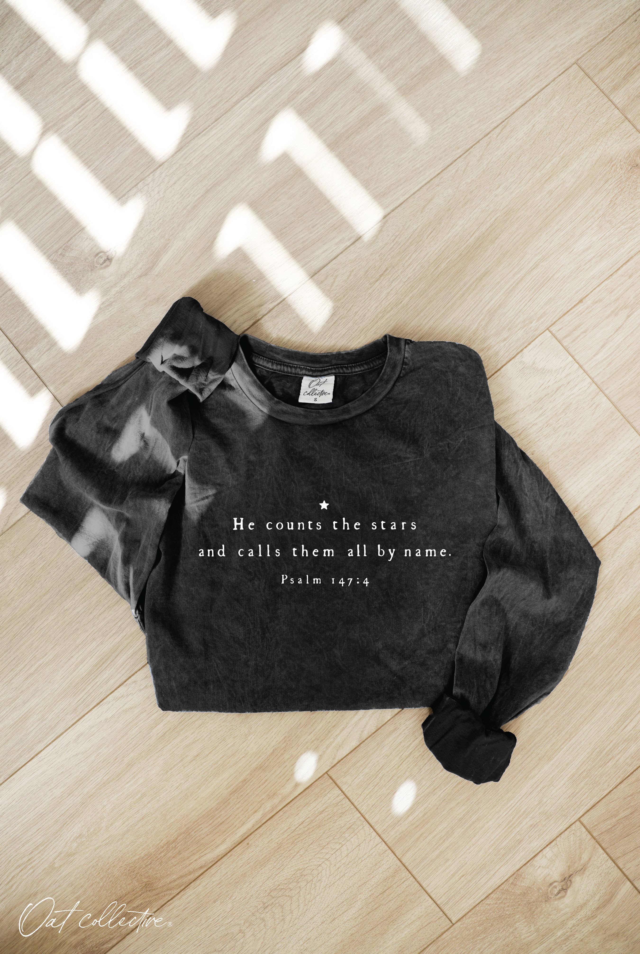 He Counts the Stars Mineral Washed Long Sleeve Graphic