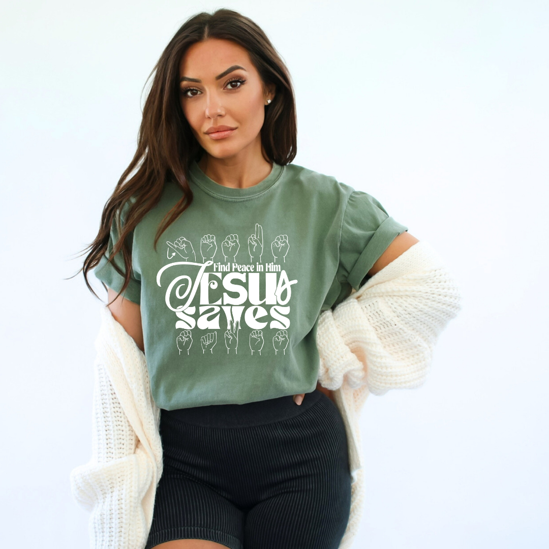 Jesus Saves Asl - Comfort Colors Moss Tee
