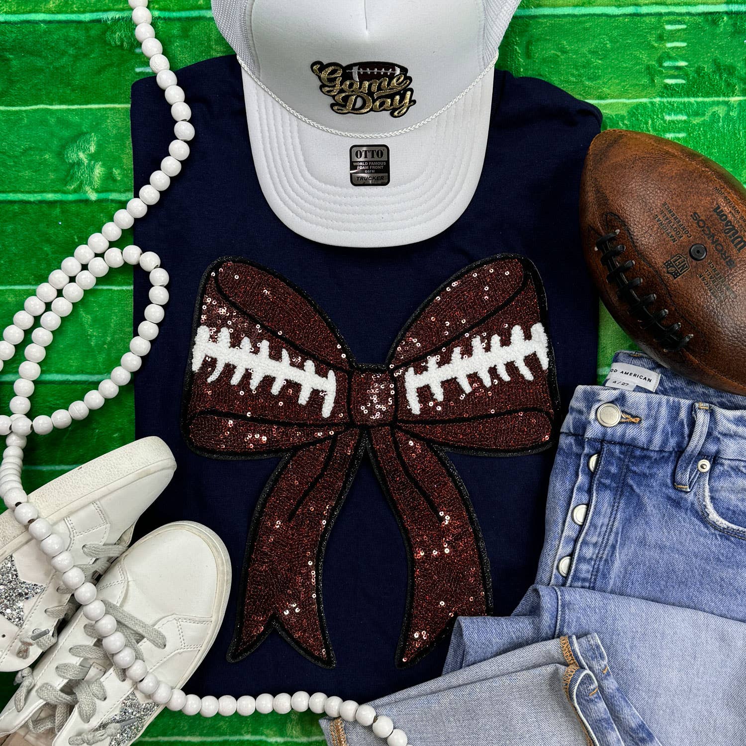 Sequins Football Bow Patch Navy Everyday Tee