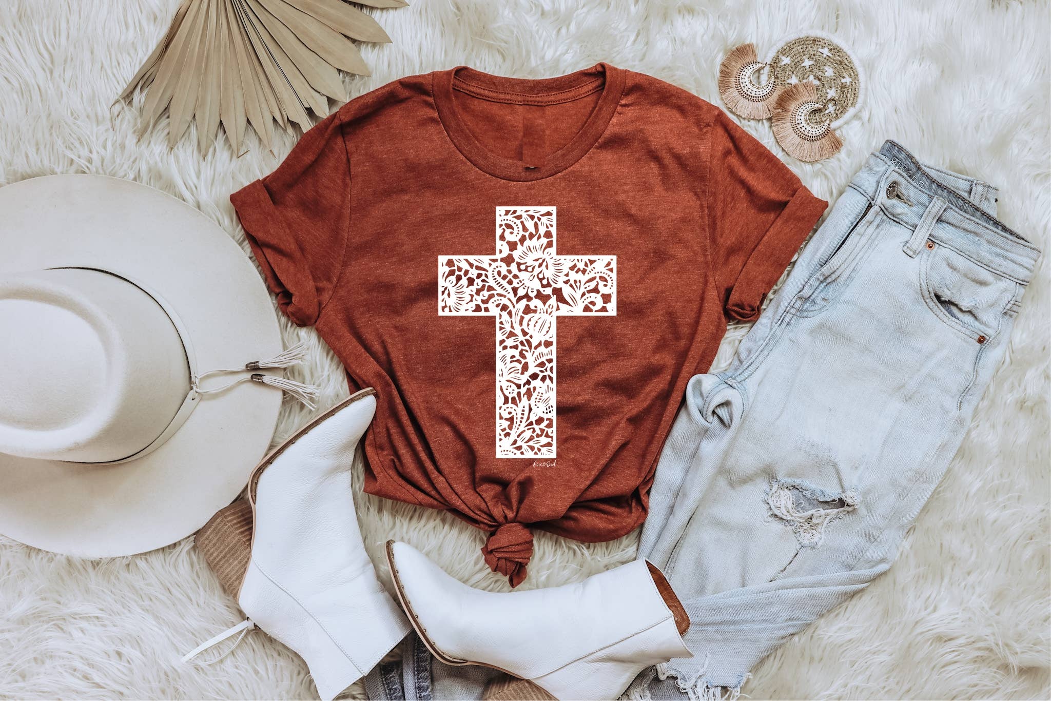 Rust Lace Cross Vintage Faith Based Graphic Tee
