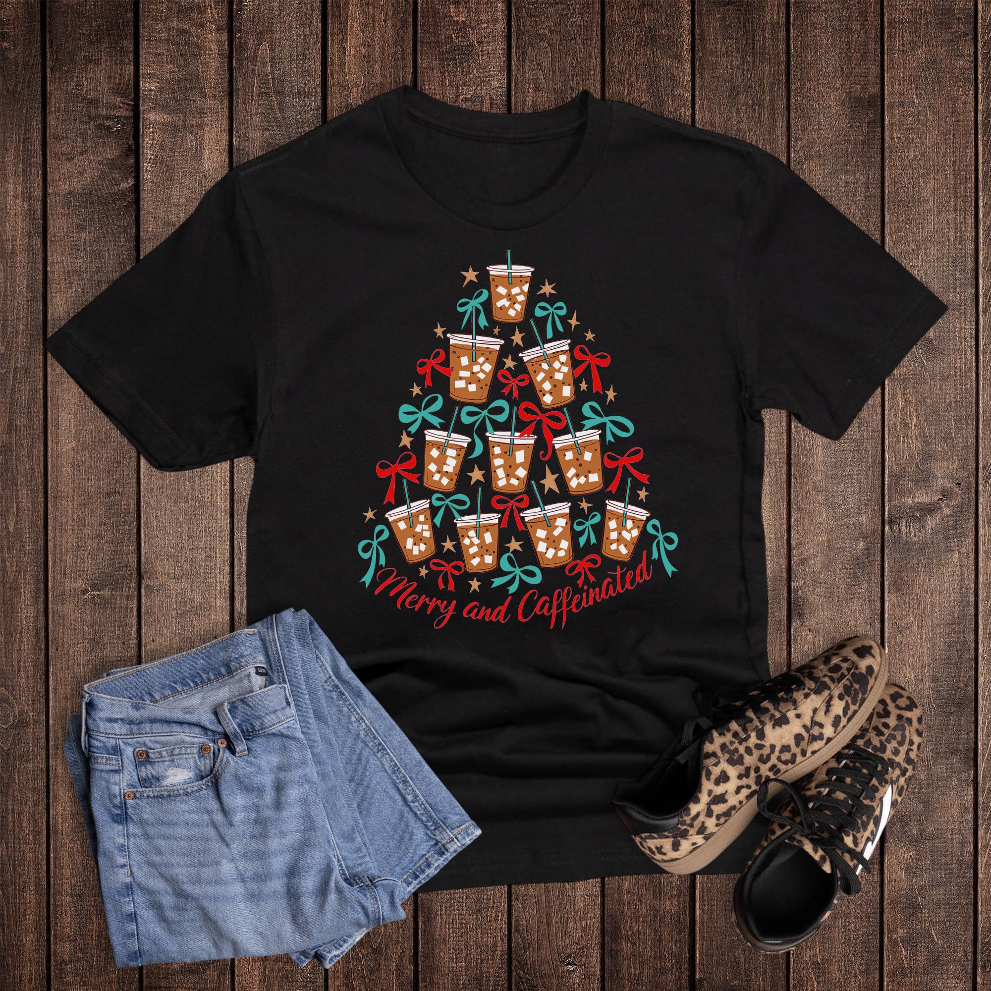 Christmas Tree Merry and Caffeinated Graphic Tee