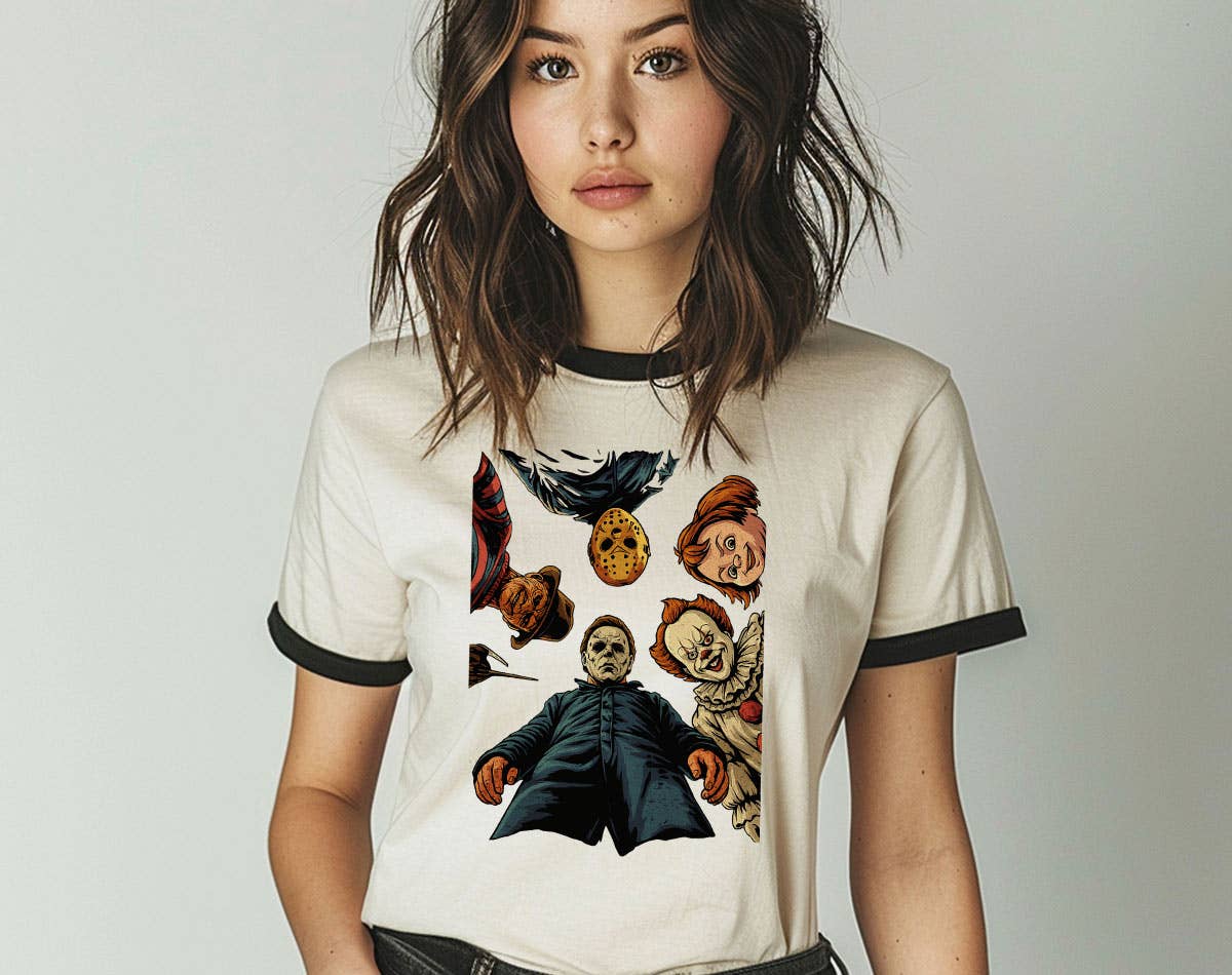 Horror Icons Looking Down Scary Halloween Ringer Shirt