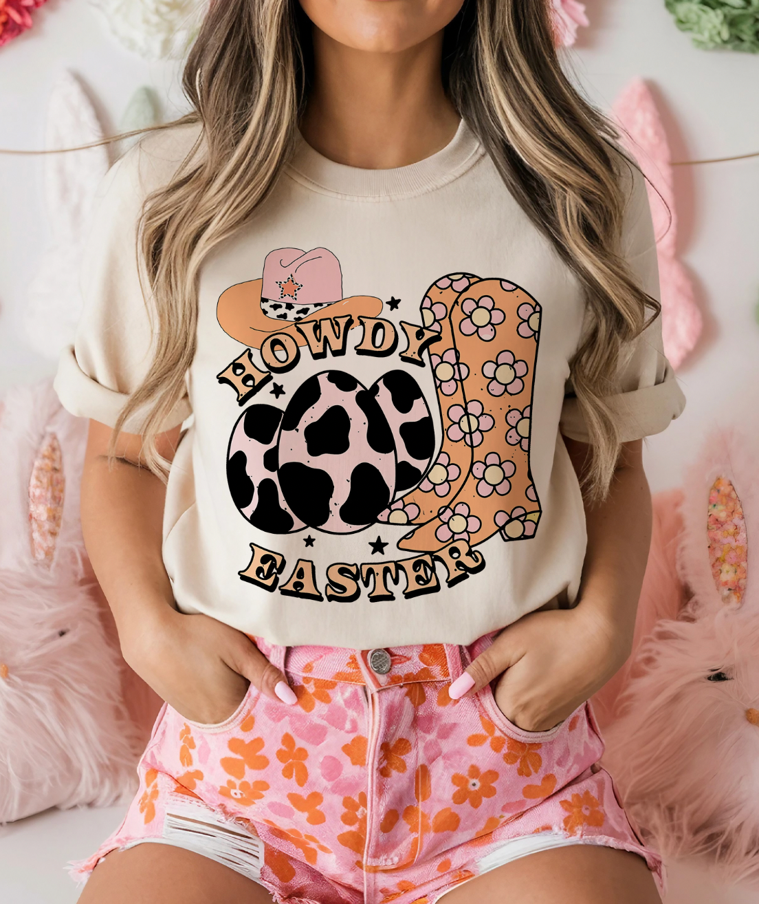Howdy Easter with Boots - Cream or Baby Pink